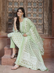 Juniper Women`s Pista Green Cotton Embroidered Straight Kurta Pant Dupatta Set