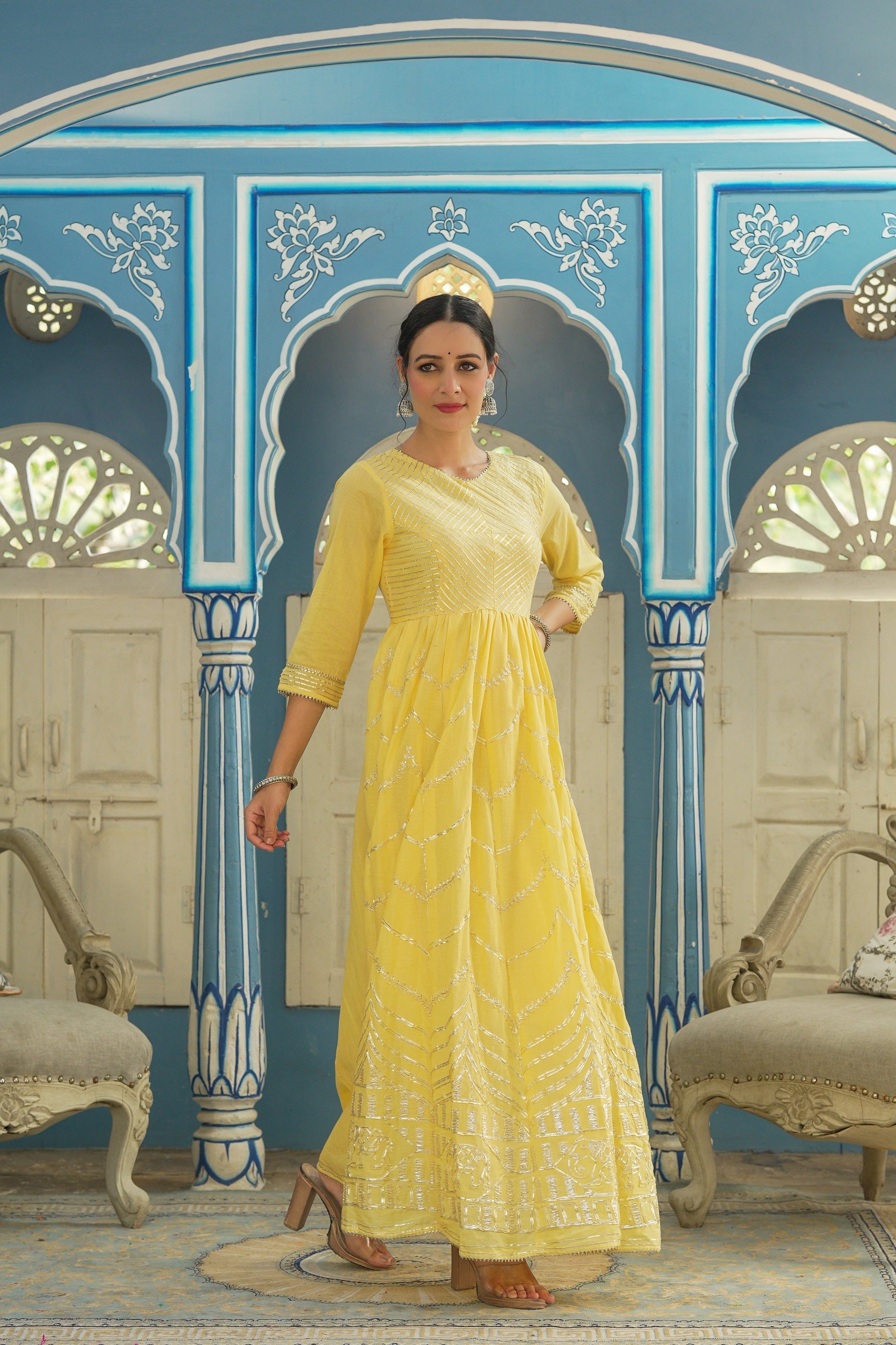 Buy Beige Chanderi Embroidered 2 Piece Kurta Dress Online in India