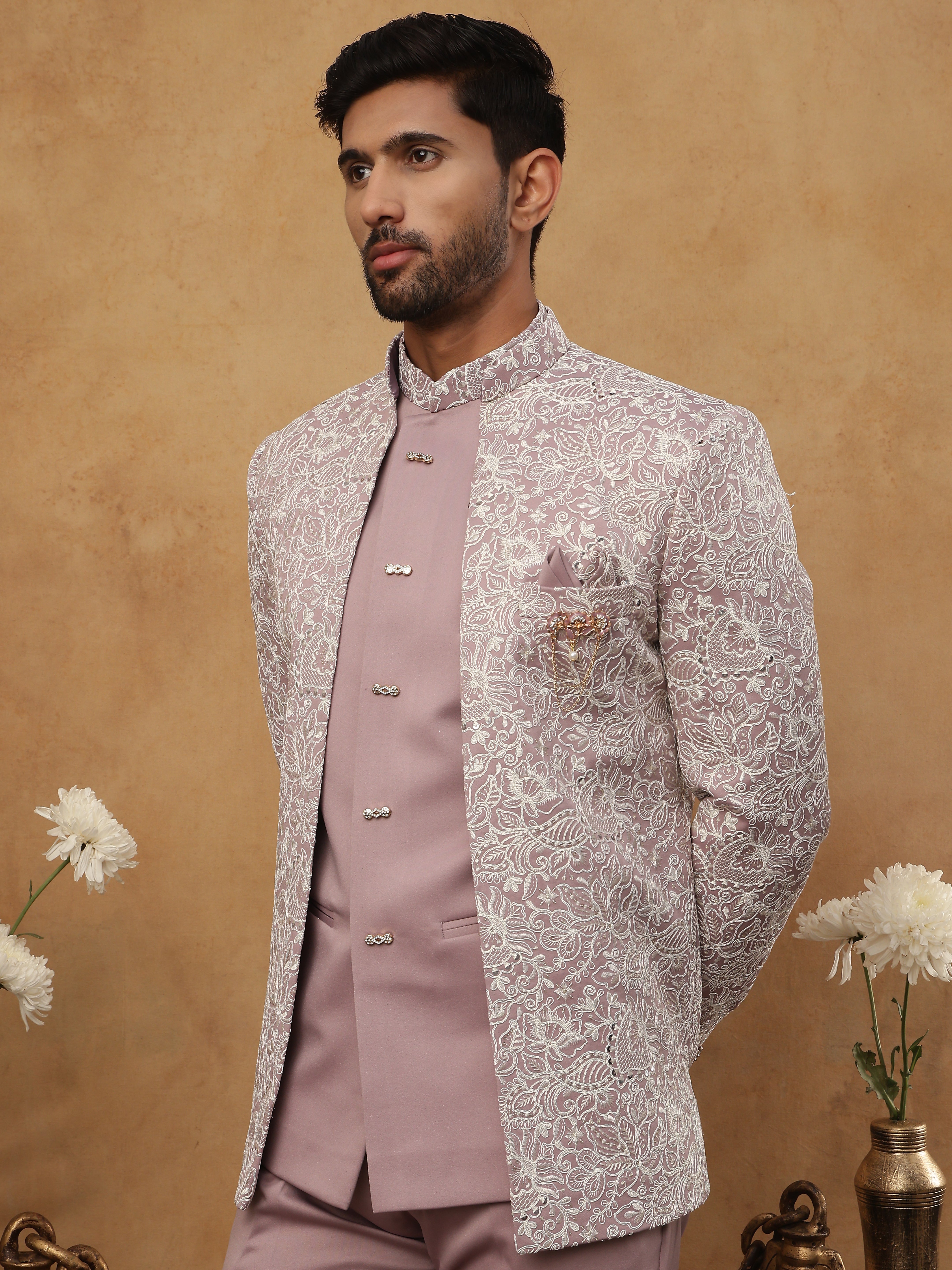 DesiQlo Men All-over Floral Indo Western Set - Purple