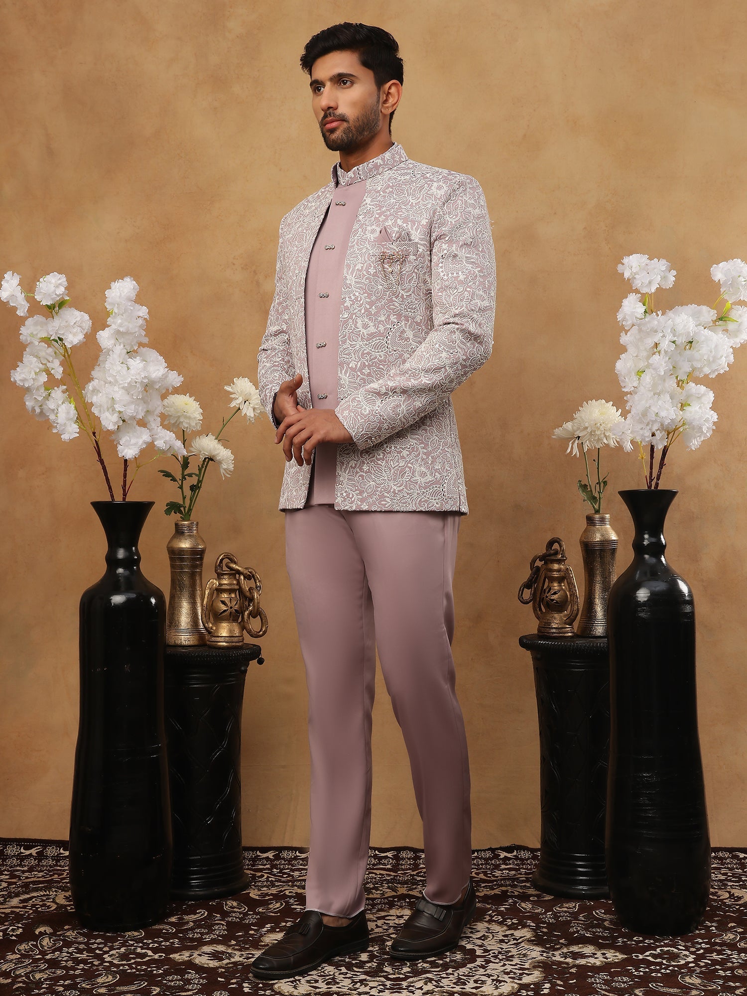 DesiQlo Men All-over Floral Indo Western Set - Purple
