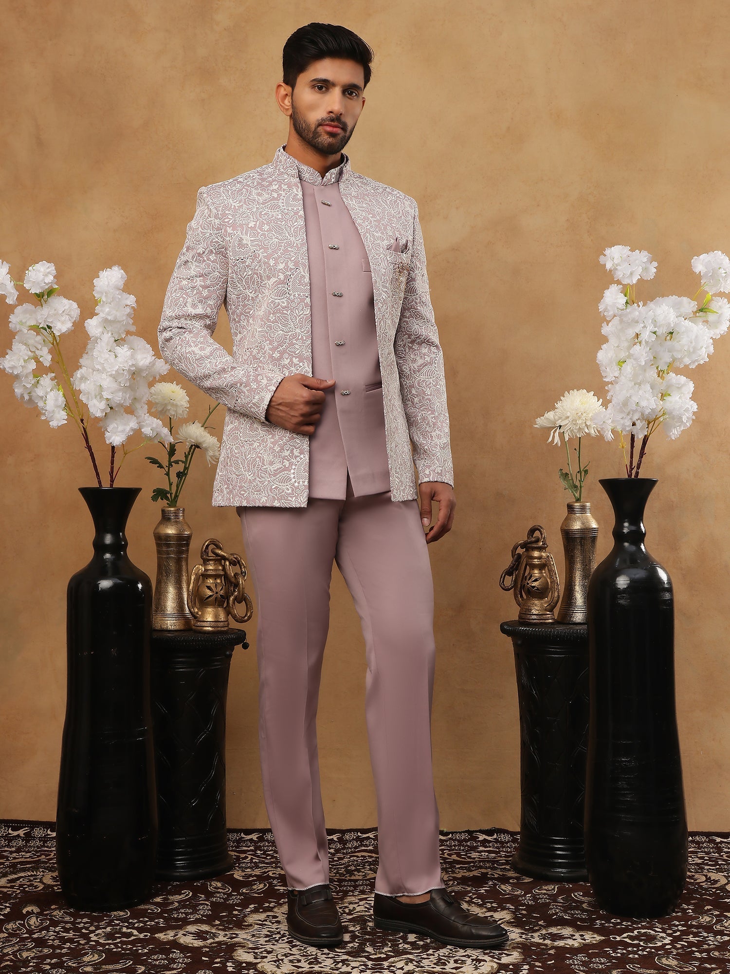 DesiQlo Men All-over Floral Indo Western Set - Purple
