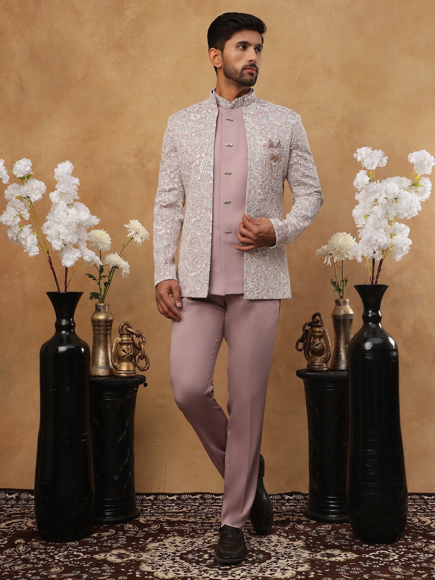 DesiQlo Men All-over Floral Indo Western Set - Purple