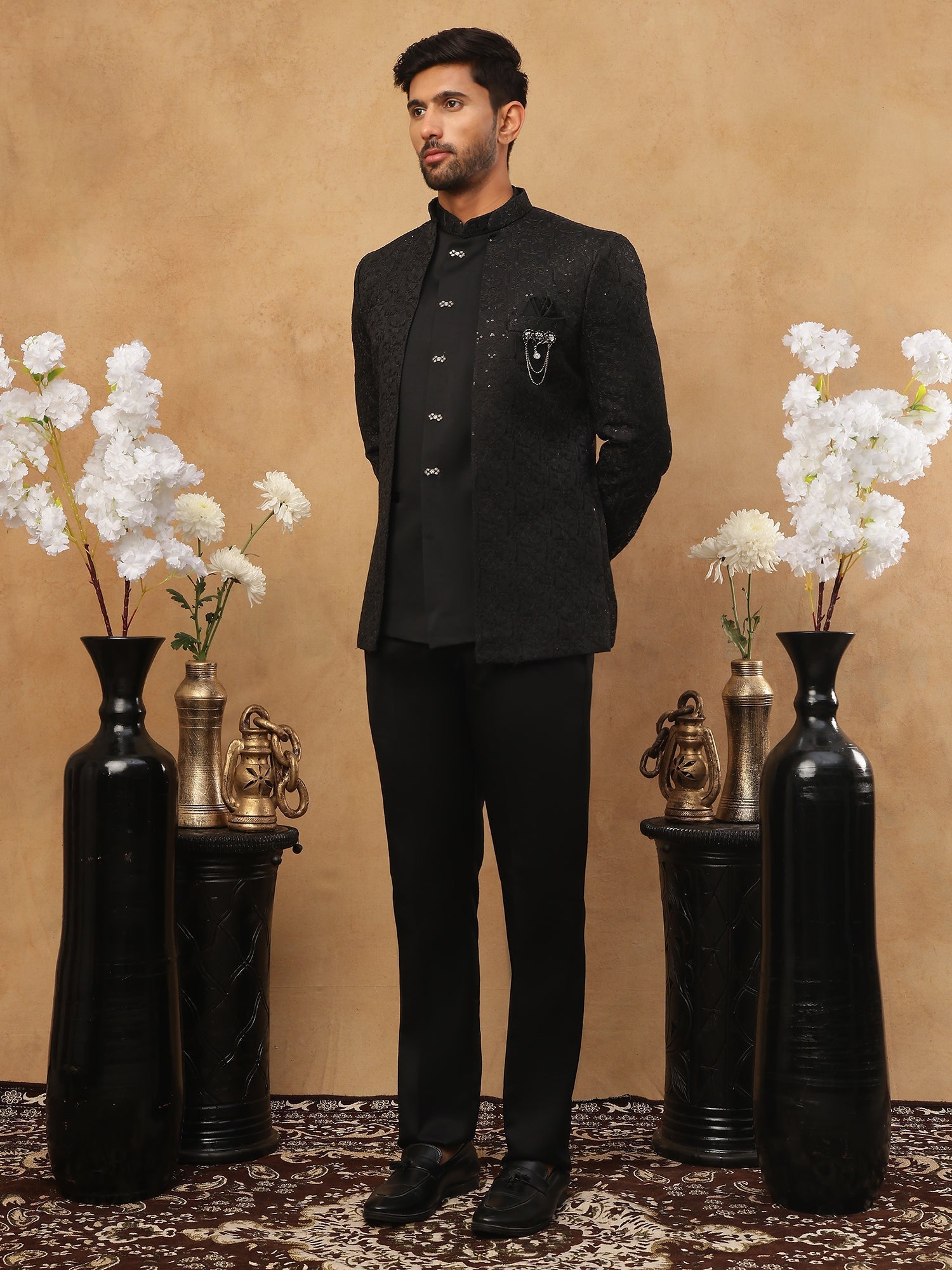 DesiQlo Men Self-Design Floral Embroidery with Sequins Indo We...