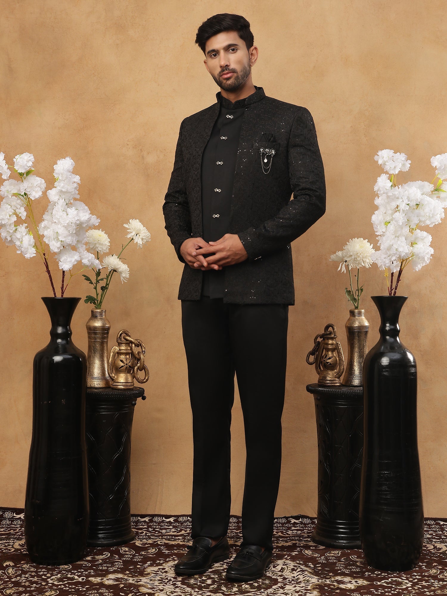 DesiQlo Men Self-Design Floral Embroidery with Sequins Indo We...