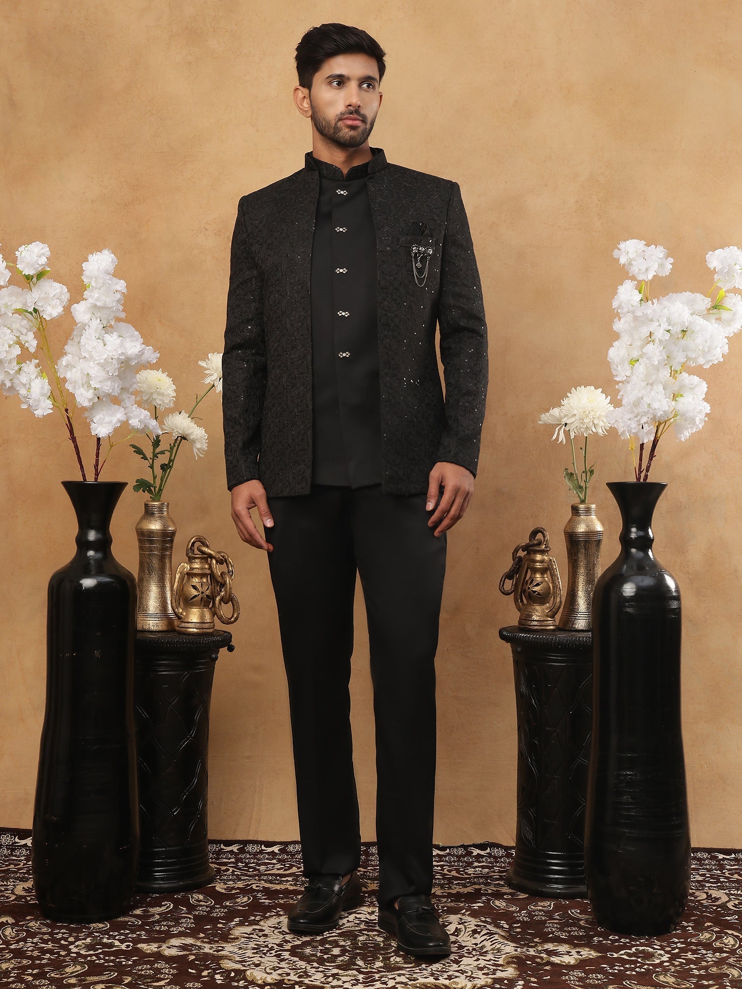 DesiQlo Men Self-Design Floral Embroidery with Sequins Indo We...