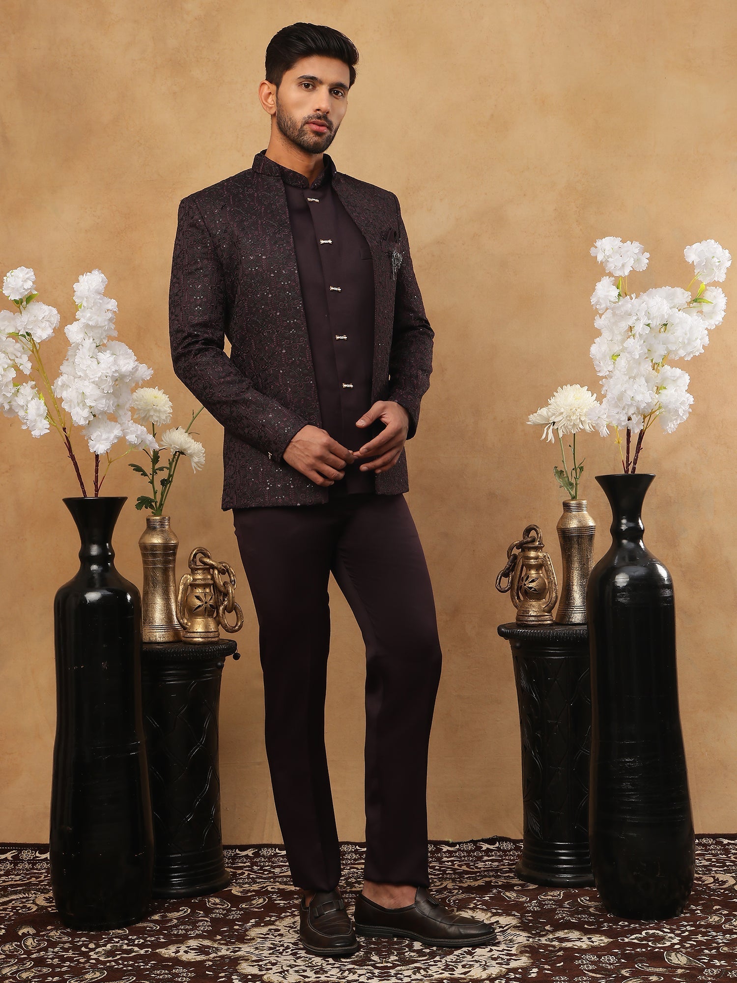 DesiQlo Men Self-Design Floral Embroidery with Sequins  - 50JIND_102Wi