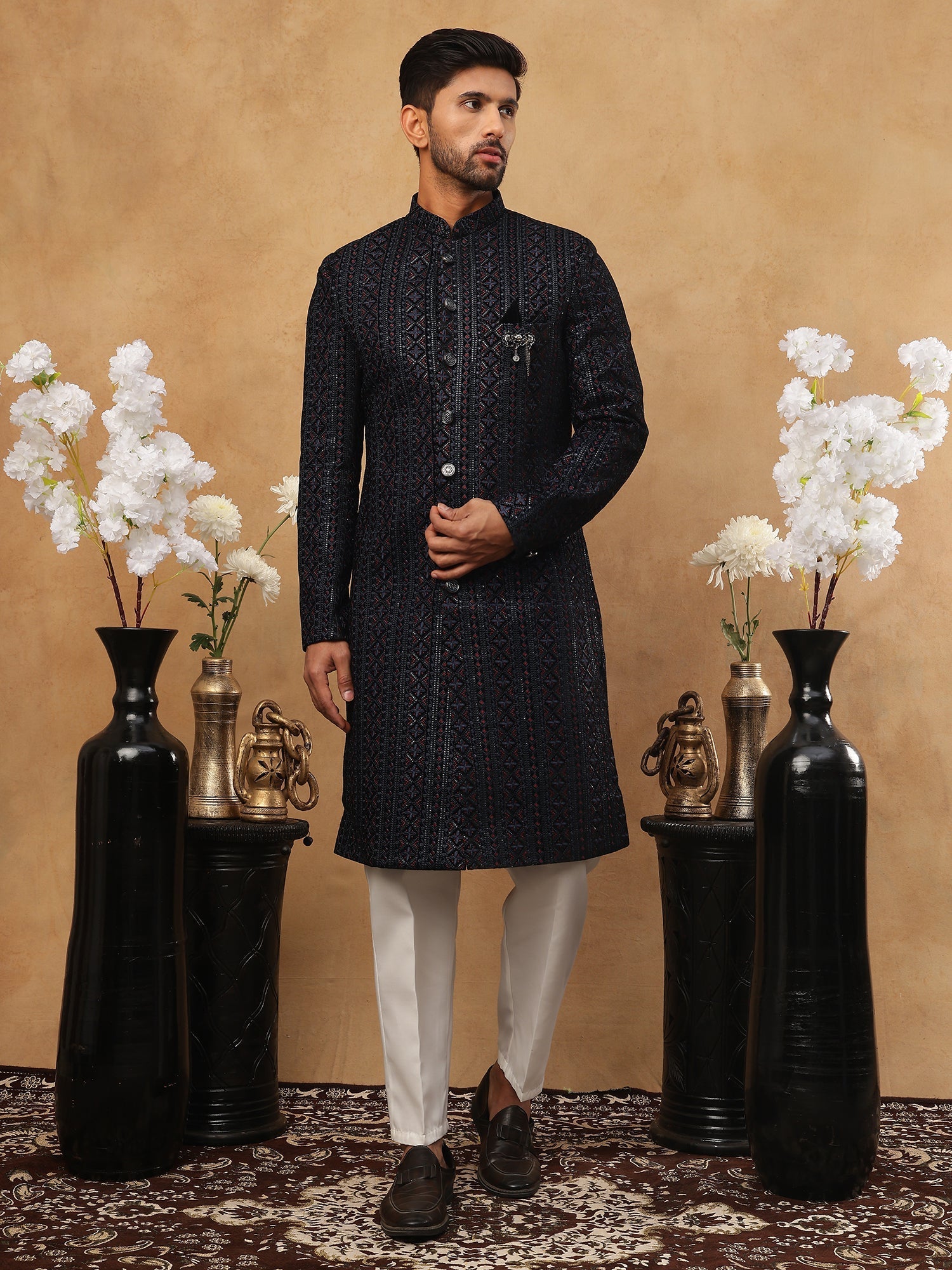 DesiQlo Men Geometric Diamond Embroidery with Red Accents Indo...