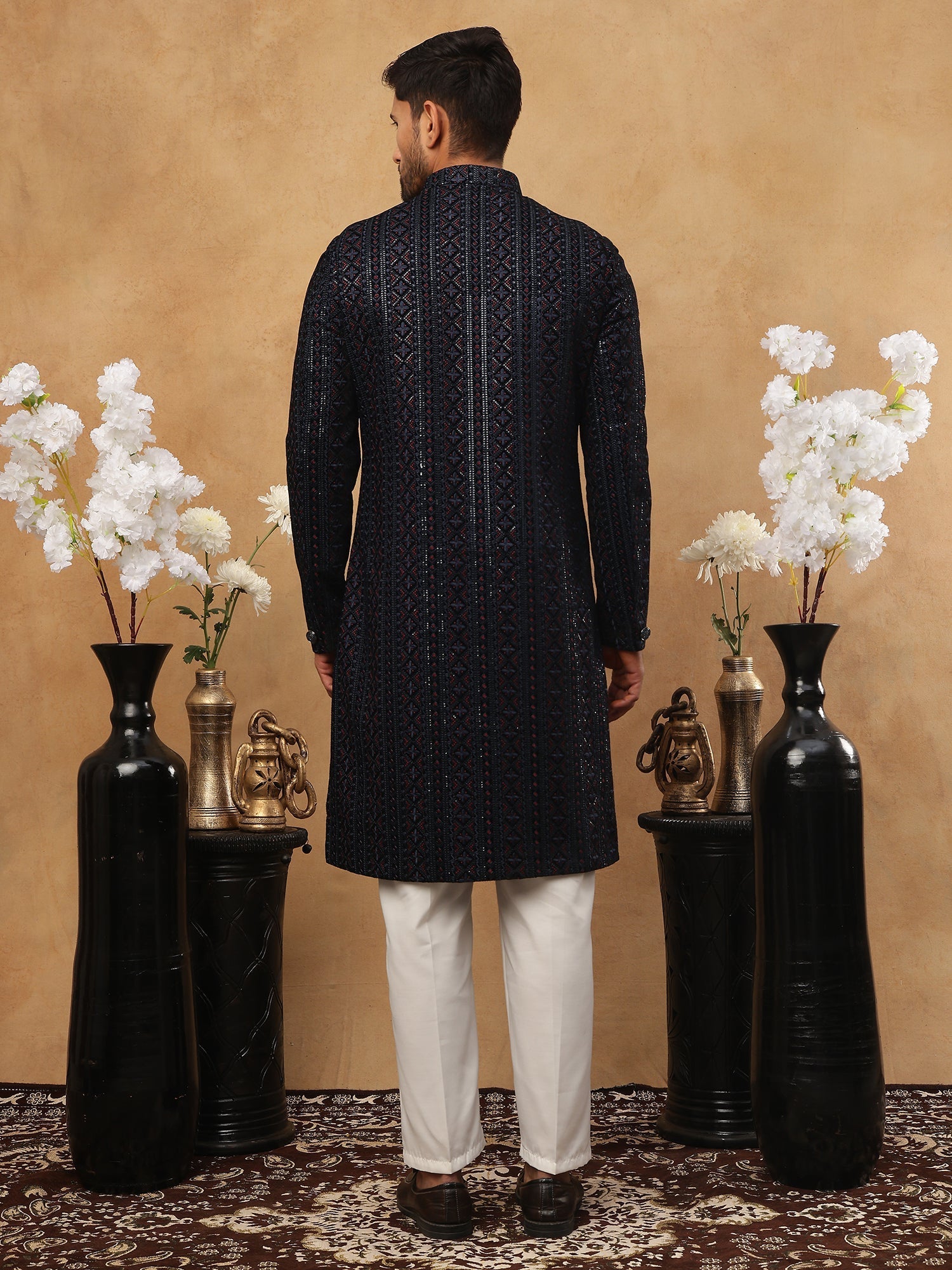 DesiQlo Men Geometric Diamond Embroidery with Red Accents Indo...