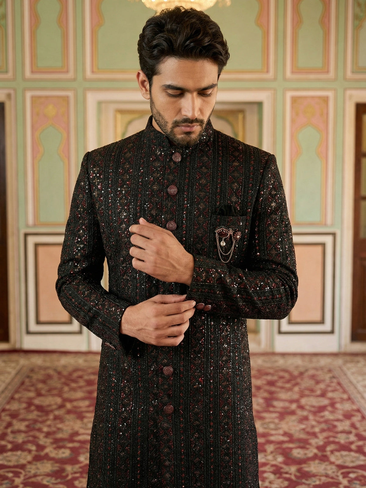 Men Embroidered Indo-Western Sherwani Set ( 50JIND 103Maroon S )