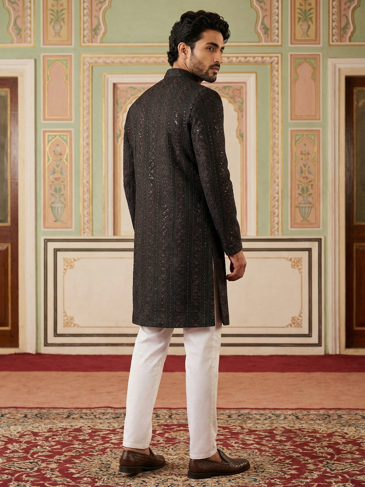 DesiQlo Men Embroidered Indo Western Set - Maroon - 50JIND_103Maroon_S