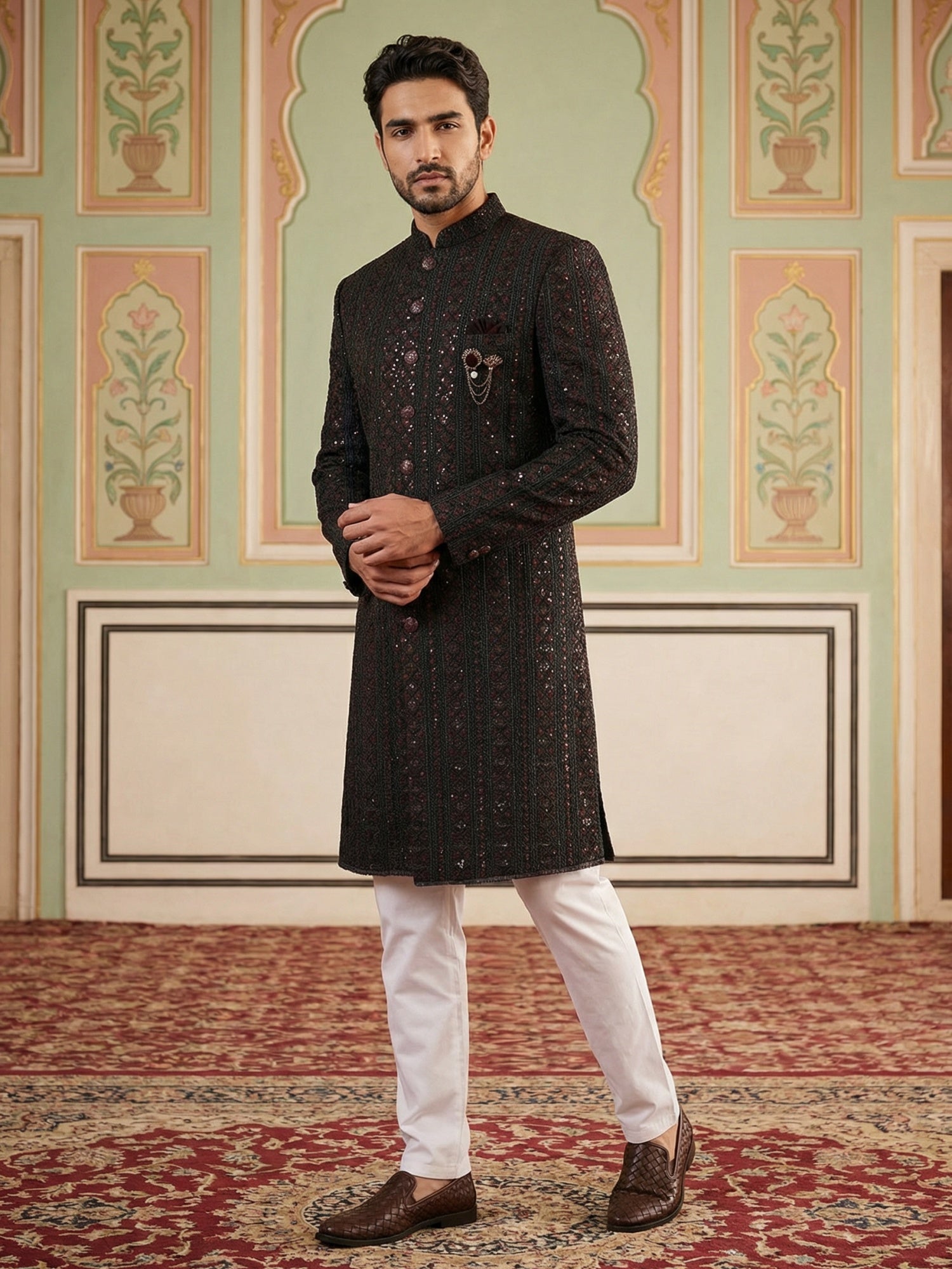 DesiQlo Men Embroidered Indo Western Set - Maroon - 50JIND_103Maroon_S