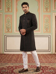 Men Embroidered Indo-Western Sherwani Set ( 50JIND 103Maroon S )