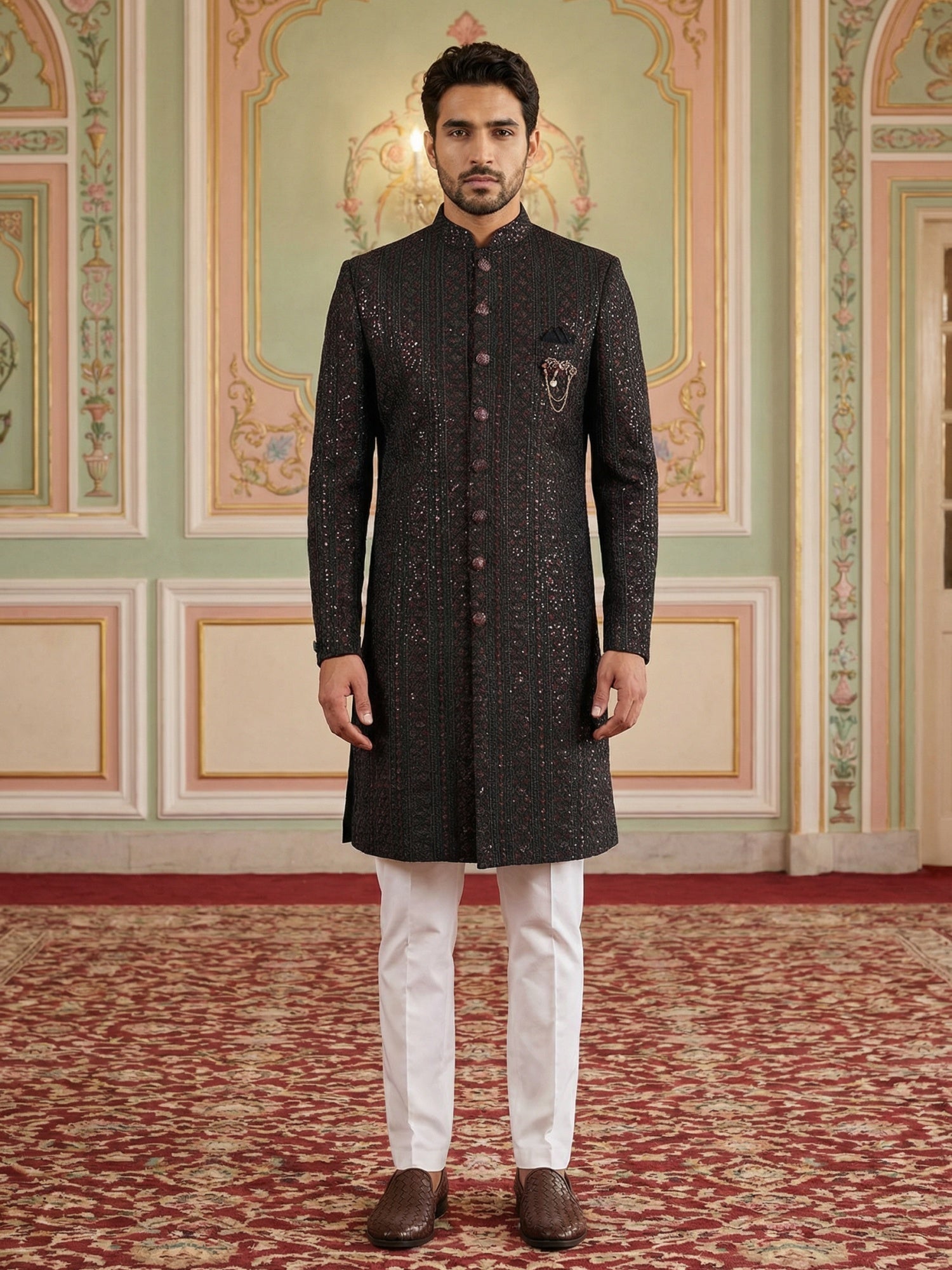 DesiQlo Men Embroidered Indo Western Set - Maroon - 50JIND_103Maroon_S