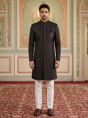 Men Embroidered Indo-Western Sherwani Set ( 50JIND 103Maroon S )