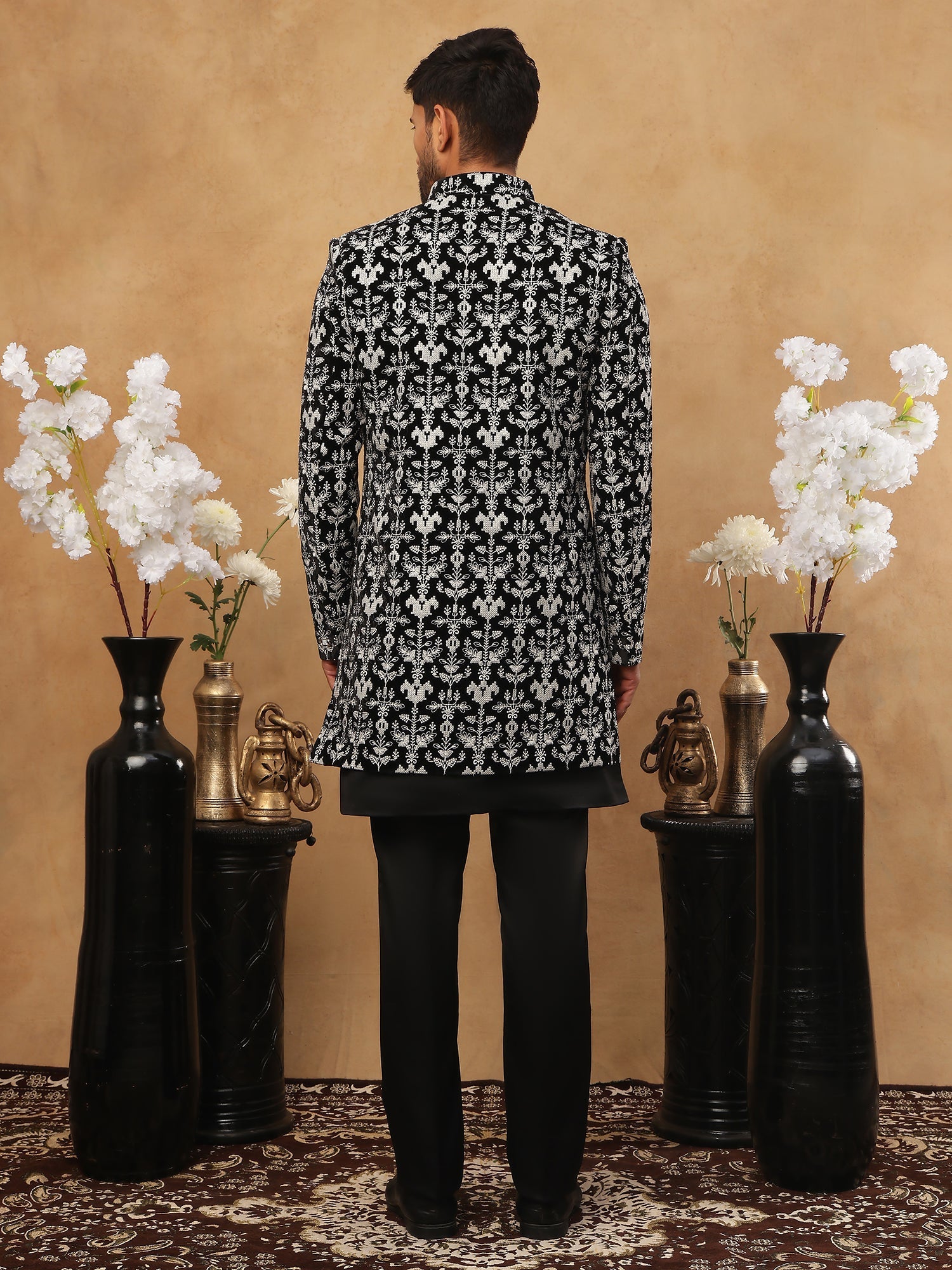 DesiQlo Men Heavy Floral/Botanical Contrast Embroidery Indo We...