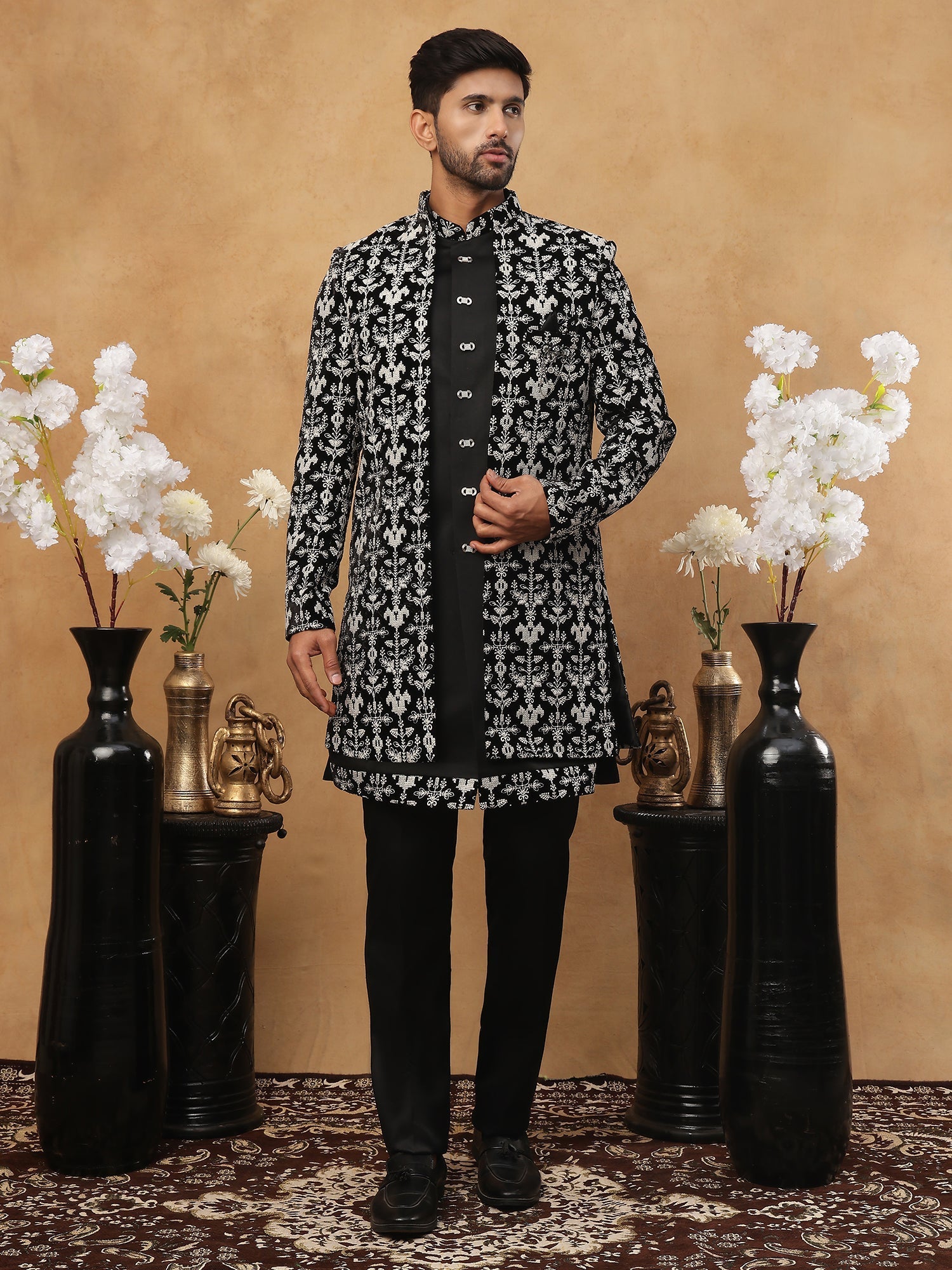 DesiQlo Men Heavy Floral/Botanical Contrast Embroidery Indo We...