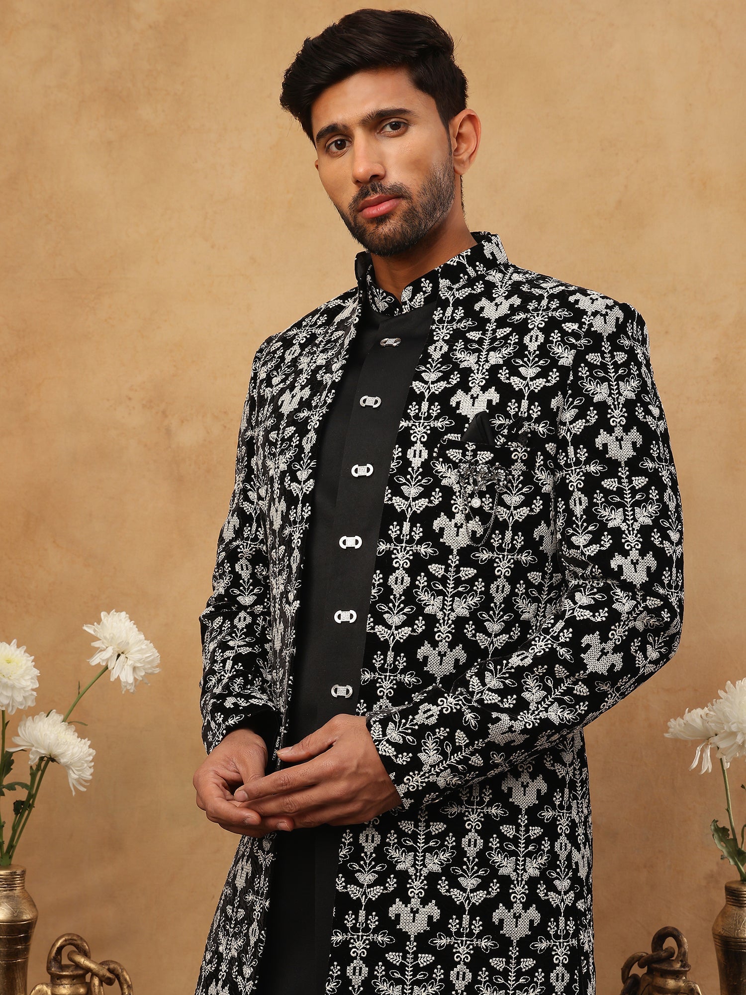 DesiQlo Men Heavy Floral/Botanical Contrast Embroidery Indo We...