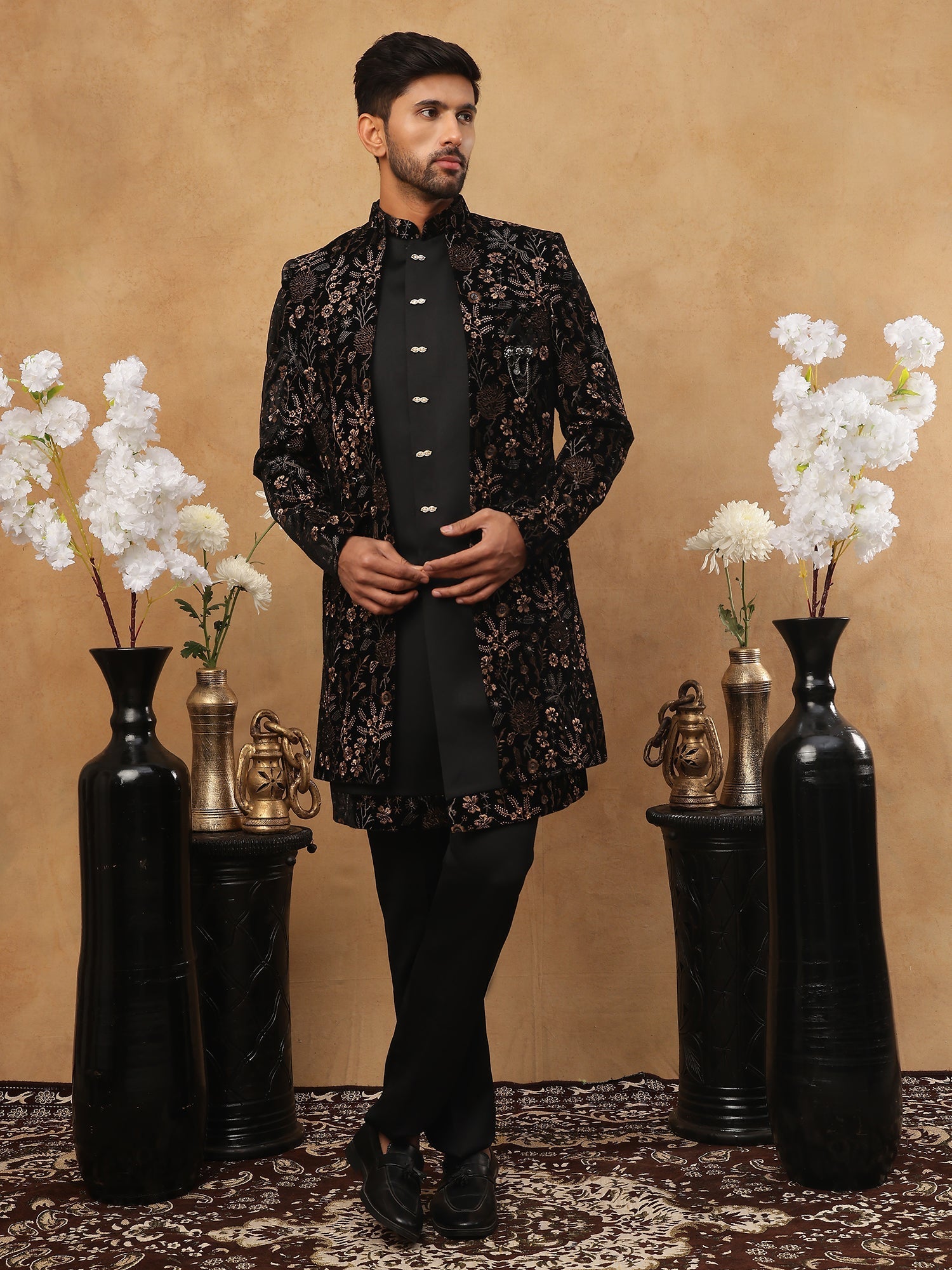 DesiQlo Men All-over Floral Indo Western Set - Gold