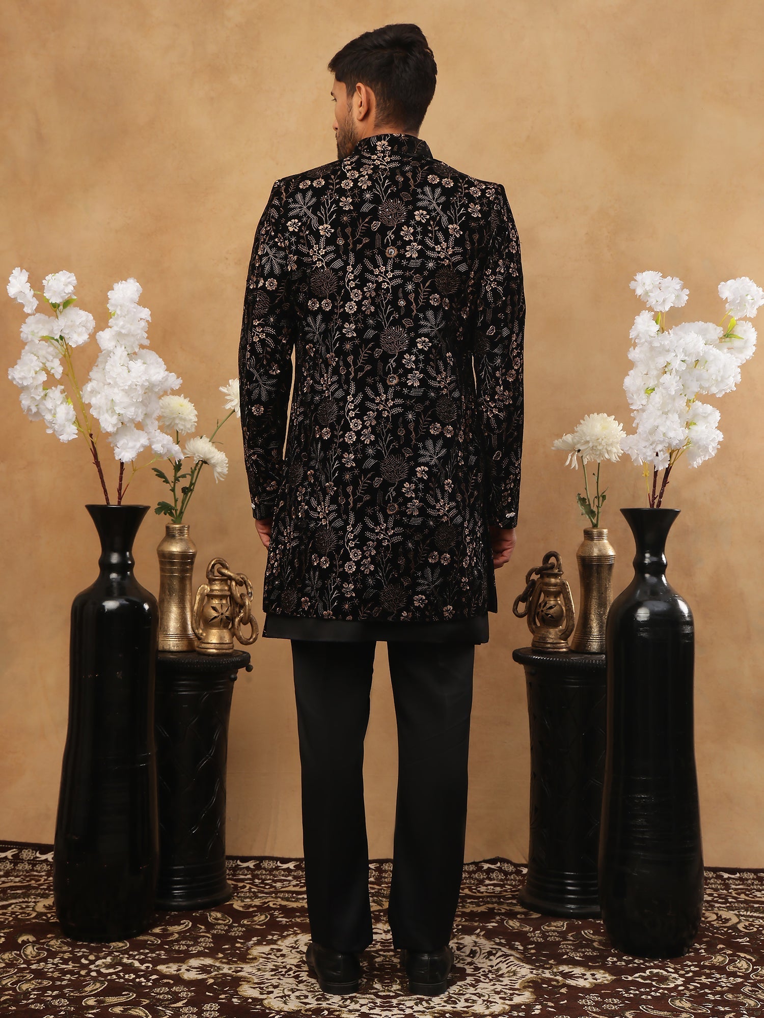 DesiQlo Men All-over Floral Indo Western Set - Gold