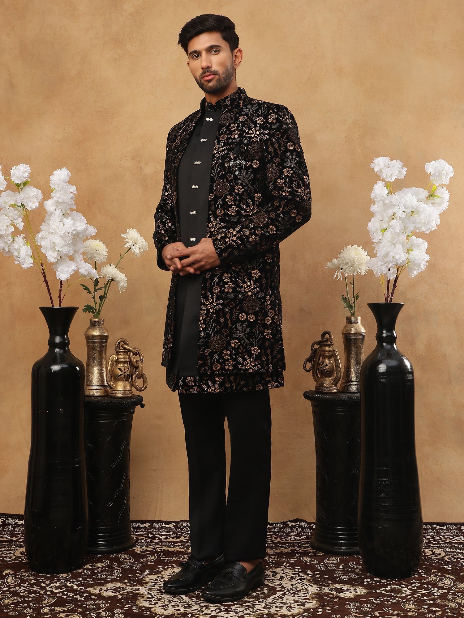 DesiQlo Men All-over Floral Indo Western Set - Gold