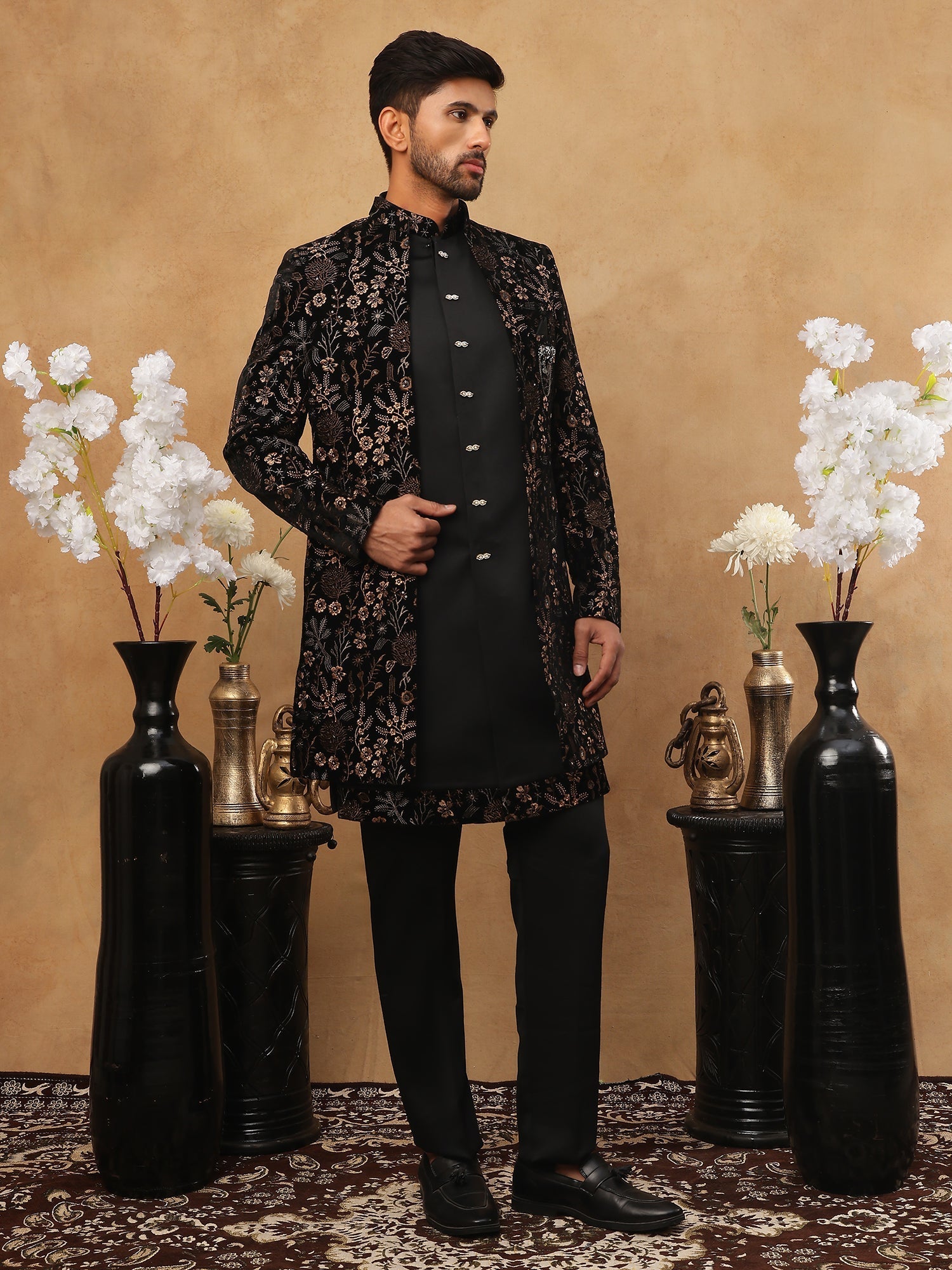 DesiQlo Men All-over Floral Indo Western Set - Gold