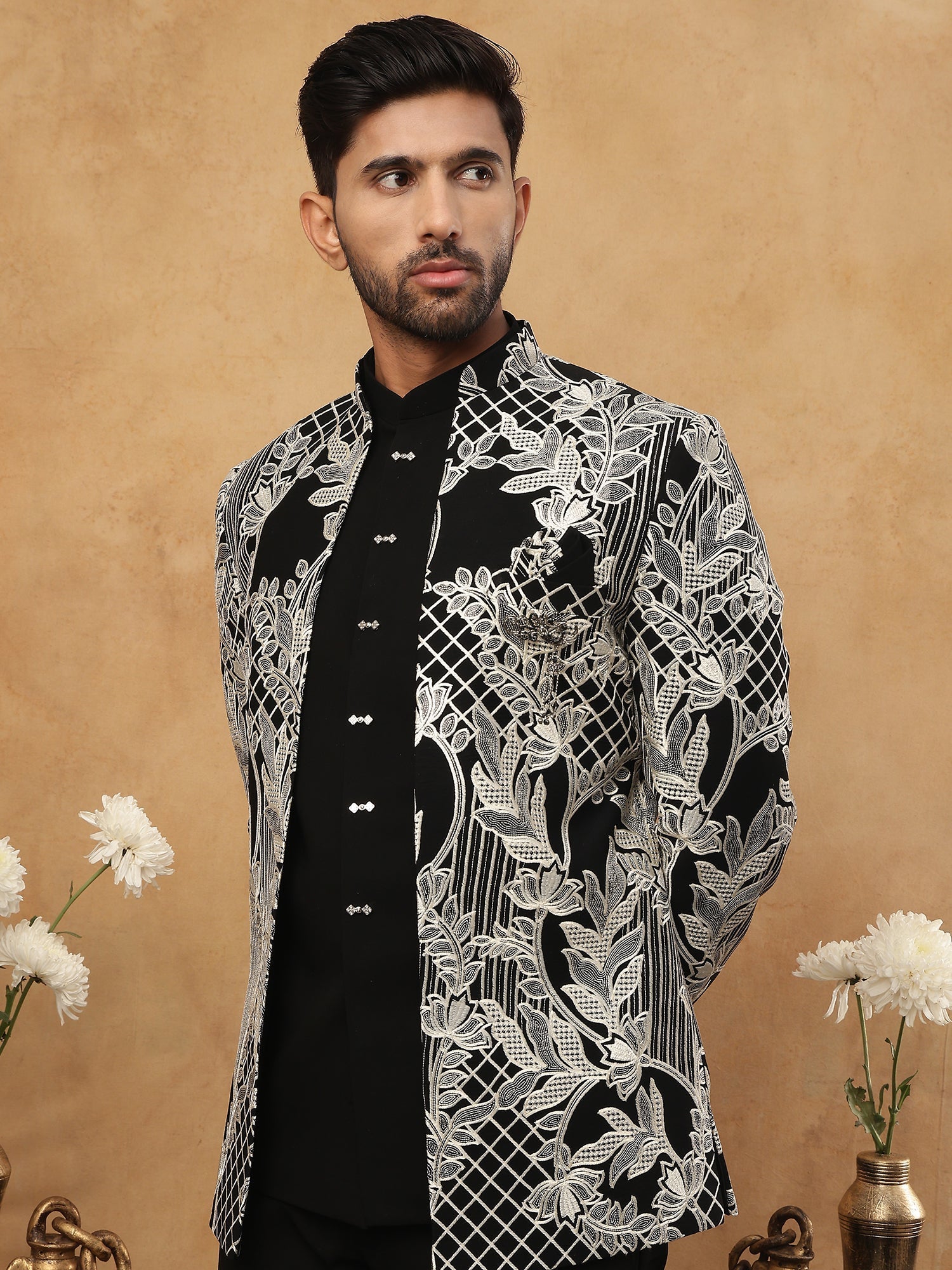 DesiQlo Men Geometric Lattice & Floral Fusion Indo Western Set...