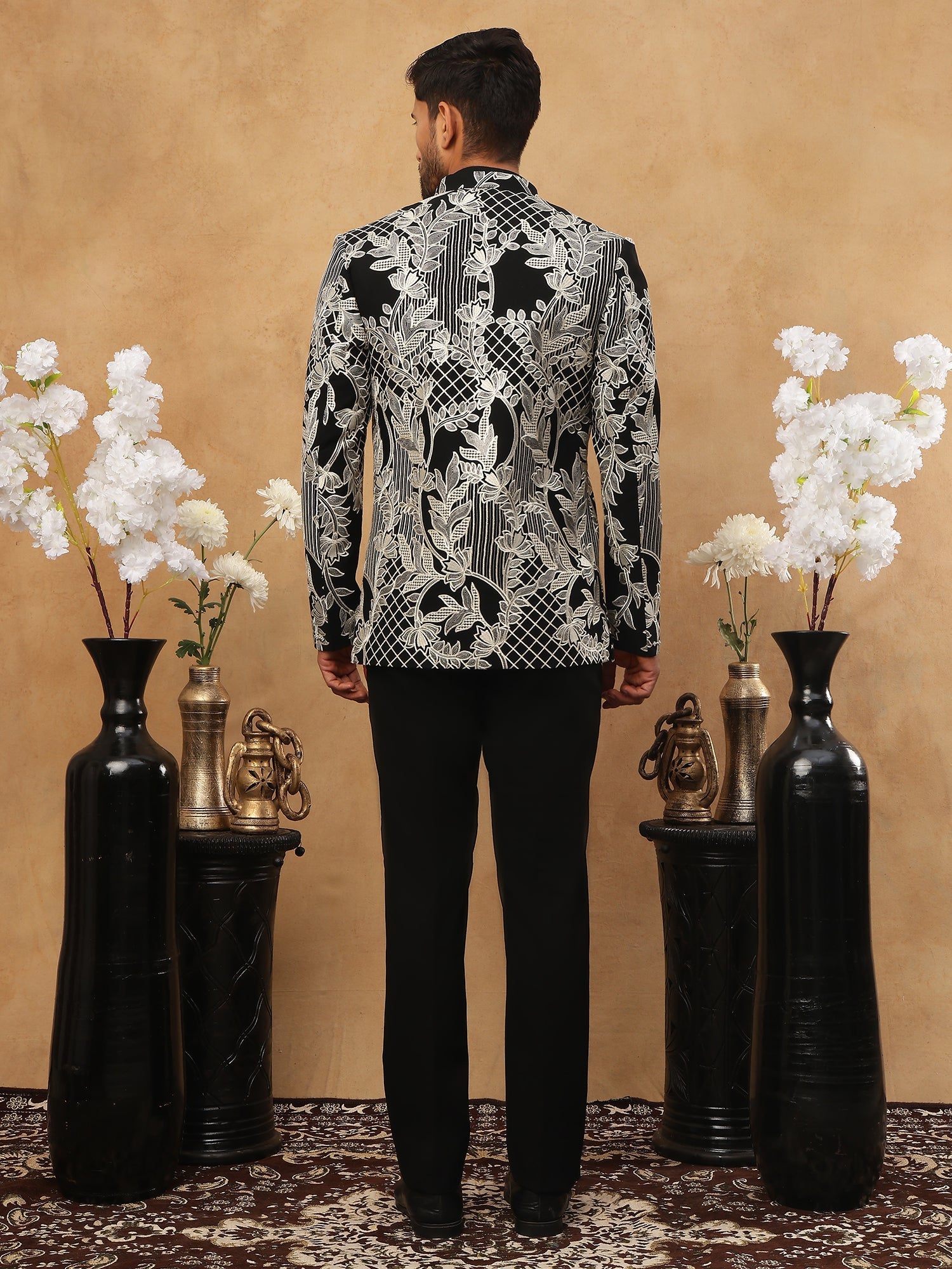 DesiQlo Men Geometric Lattice & Floral Fusion Indo Western Set...