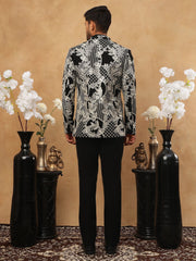 Men's Black & Silver Geometric Floral Indo-Western Set ( 50JIND 109 Off-White )