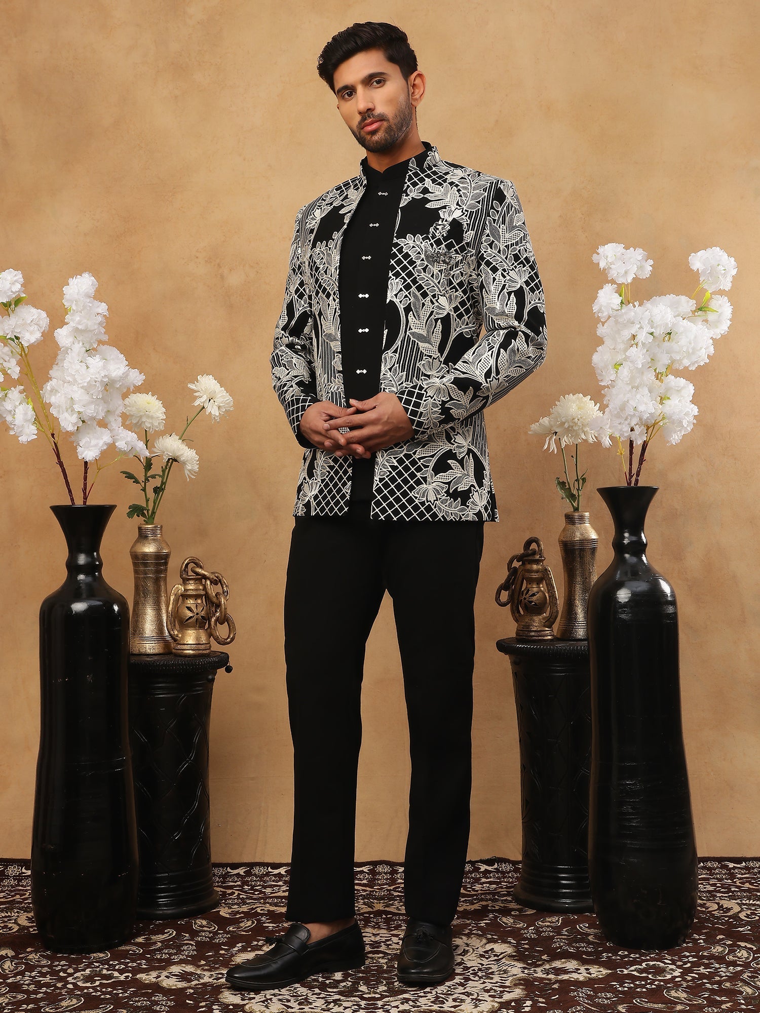DesiQlo Men Geometric Lattice & Floral Fusion Indo Western Set...