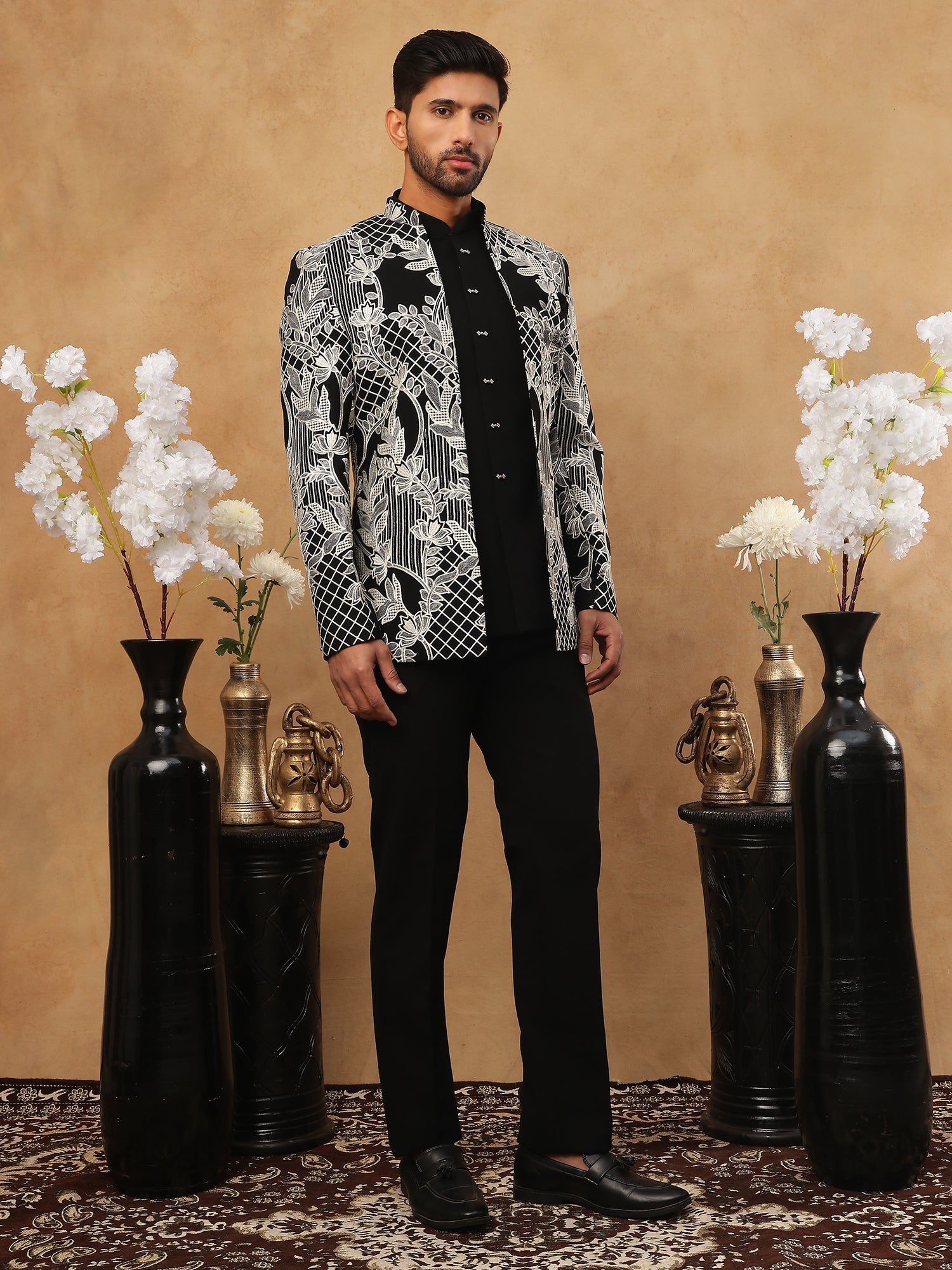 DesiQlo Men Geometric Lattice & Floral Fusion Indo Western Set...