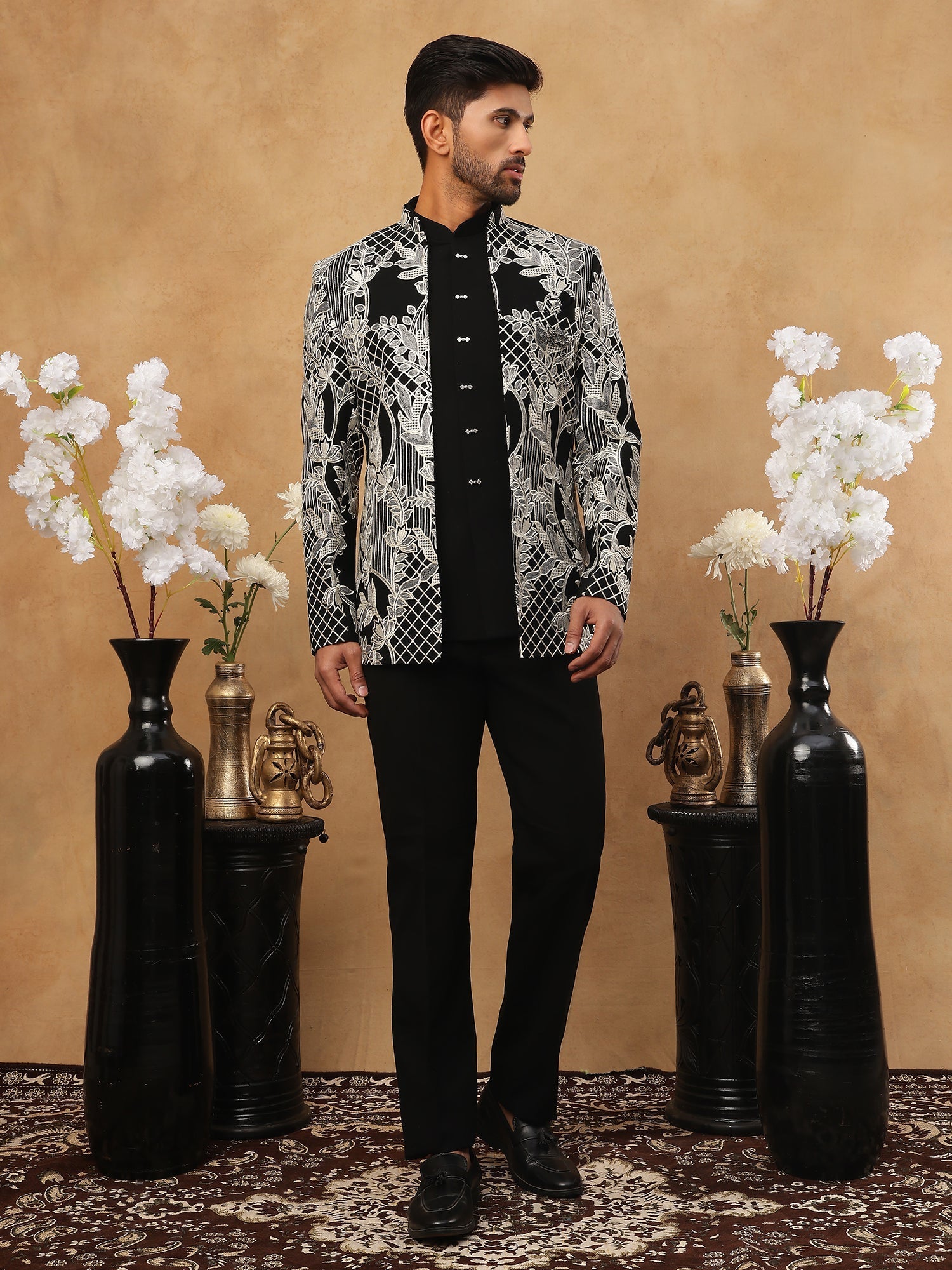 DesiQlo Men Geometric Lattice & Floral Fusion Indo Western Set...