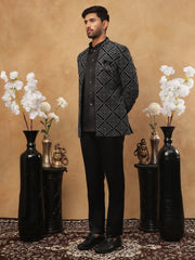 Men's Charcoal Grey Geometric Embroidered Indo-Western Set ( 50JIND 113 Grey )