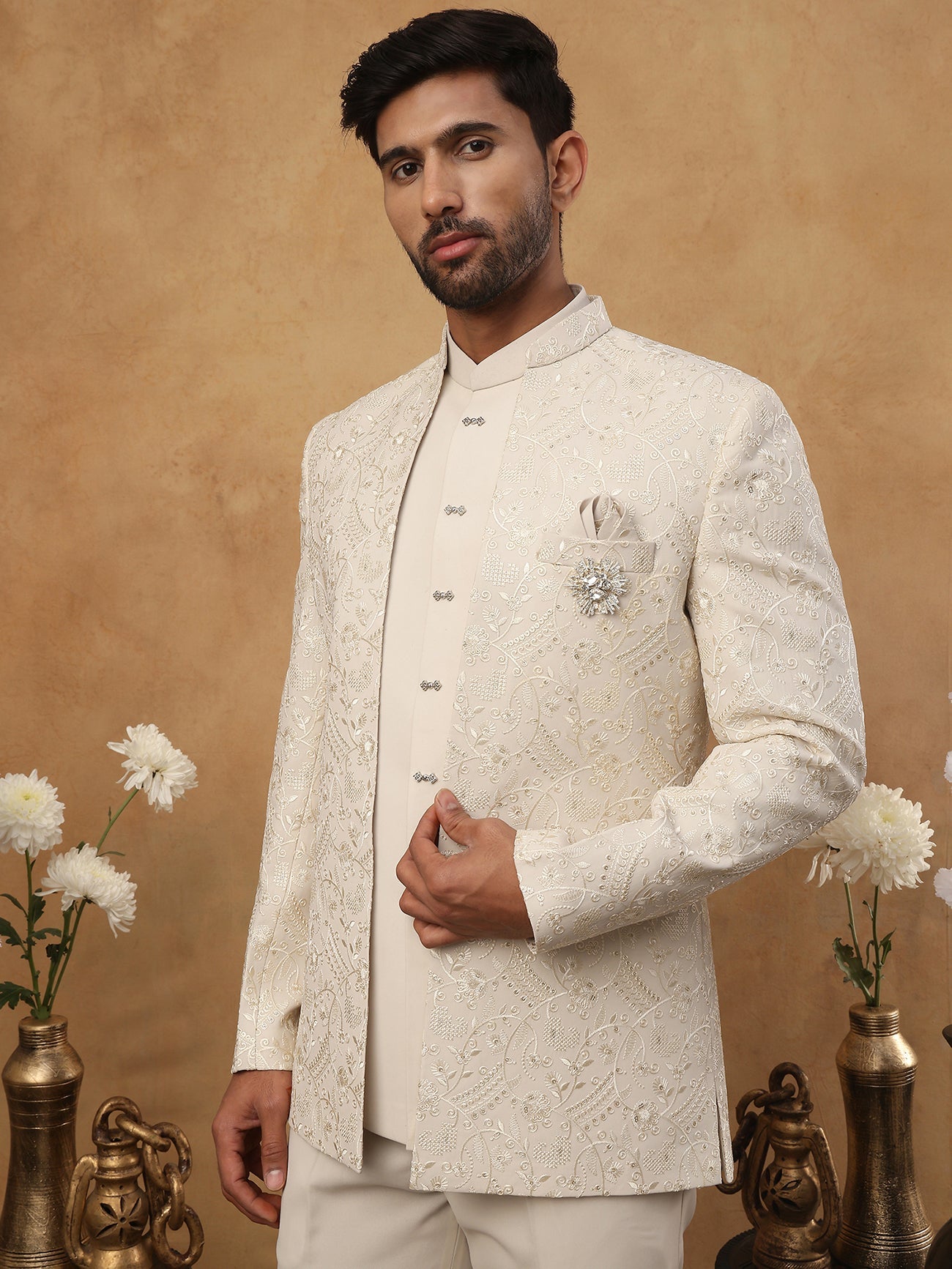 DesiQlo Men Embroidered Indo Western Set - Beige - 50JIIND_114Cream_S
