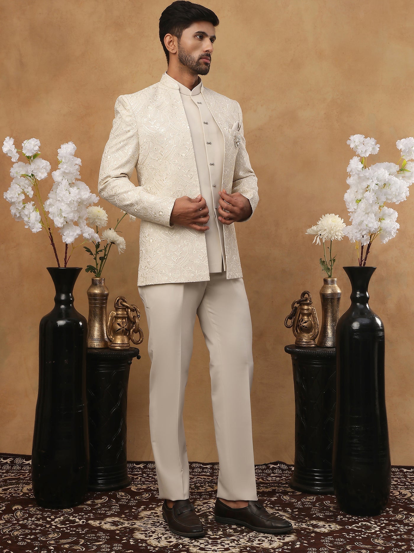 DesiQlo Men Embroidered Indo Western Set - Beige - 50JIIND_114Cream_S