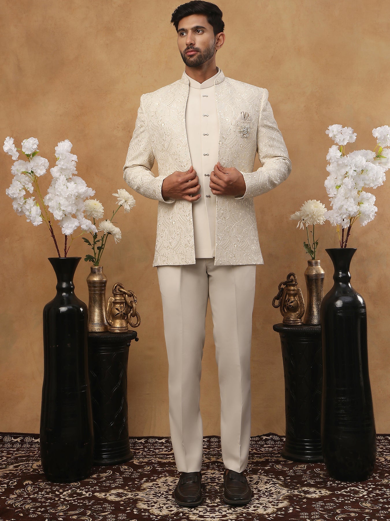 DesiQlo Men Embroidered Indo Western Set - Beige - 50JIIND_114Cream_S