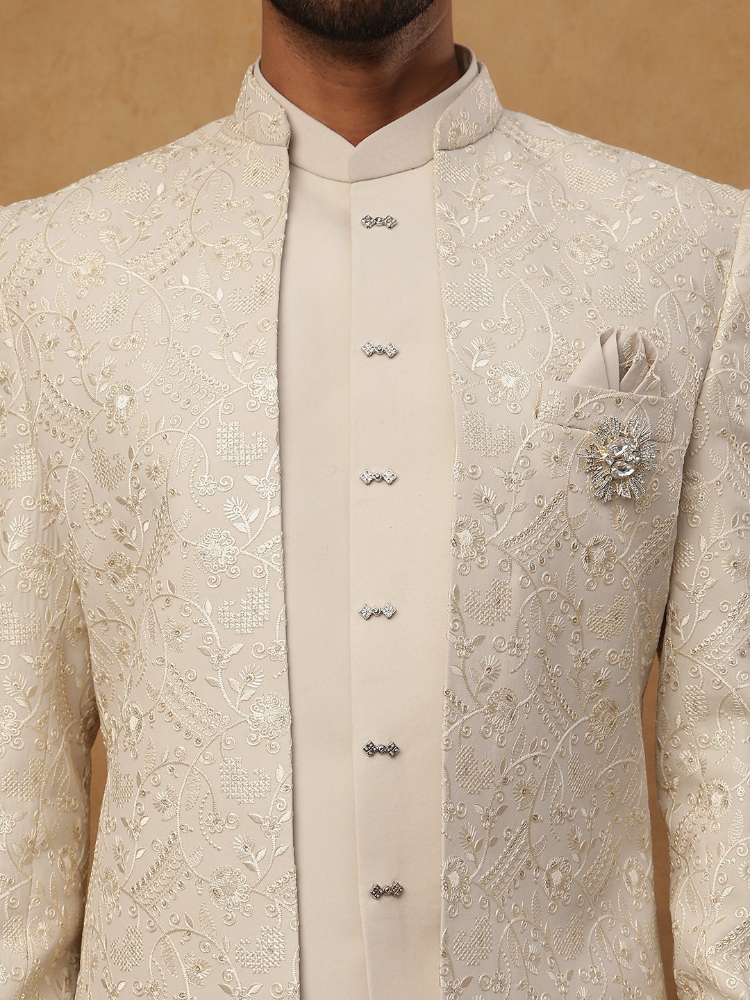 DesiQlo Men Embroidered Indo Western Set - Beige - 50JIIND_114Cream_S