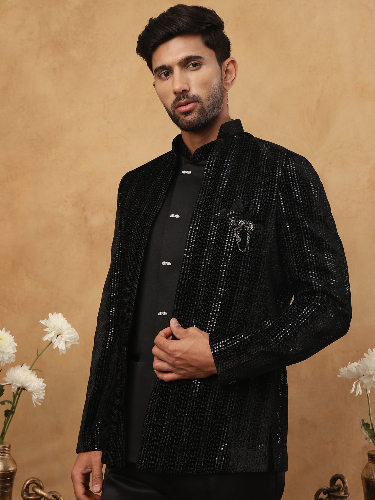 DesiQlo Men Vertical/Linear Sequin Stripes Indo Western Set...