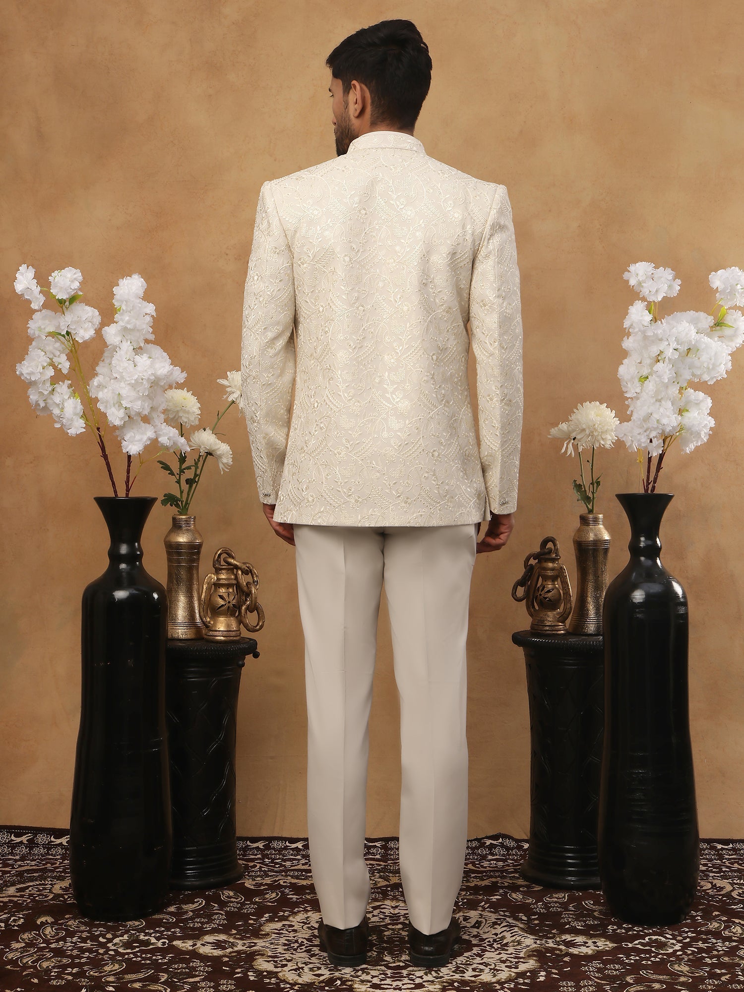 DesiQlo Men Tonal (Self-Colored) Floral Vine Embroidery Indo W...