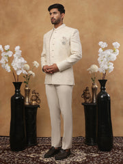 Men's Cream Tonal Floral Embroidered Indo-Western Set ( 50JIND 114 Cream )