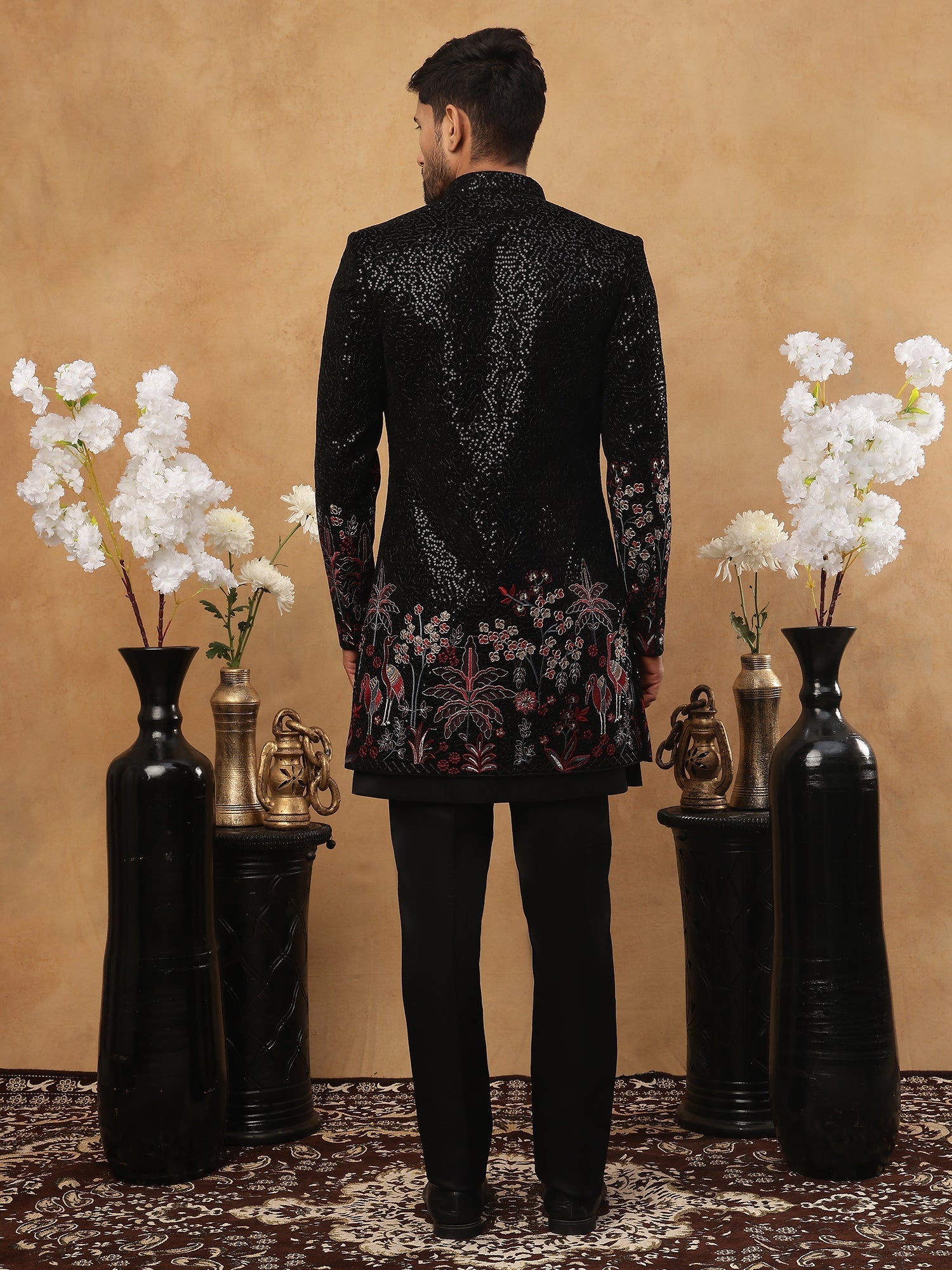 DesiQlo Men Black Sequin Texture (Body) + Bird/Floral Embroide...