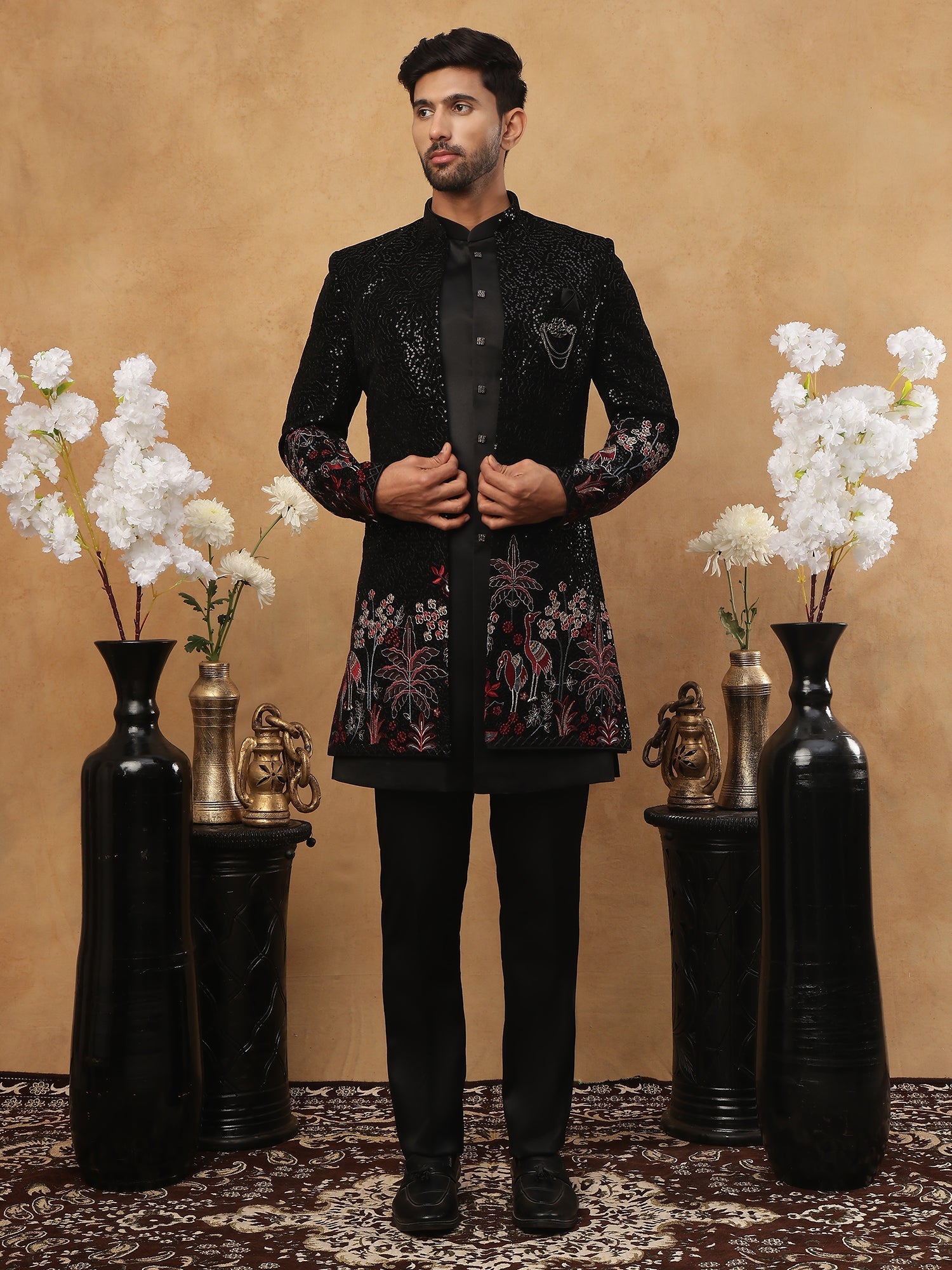 DesiQlo Men Black Sequin Texture (Body) + Bird/Floral Embroide...