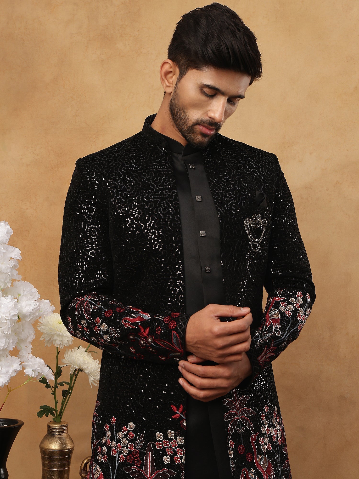 DesiQlo Men Black Sequin Texture (Body) + Bird/Floral Embroide...