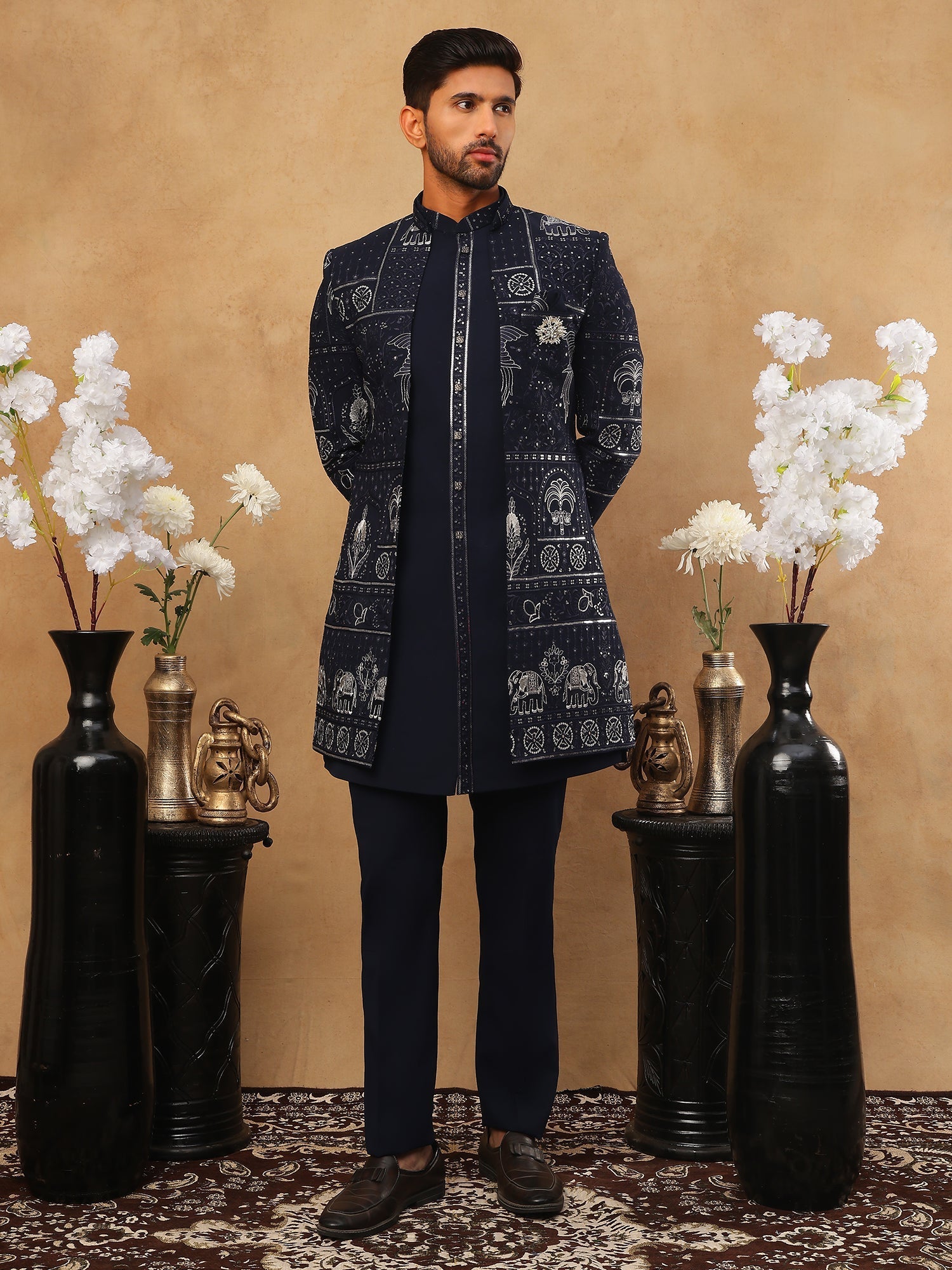 DesiQlo Men Geometric Diamond Embroidery with Red Accen - 50JIND_119Na