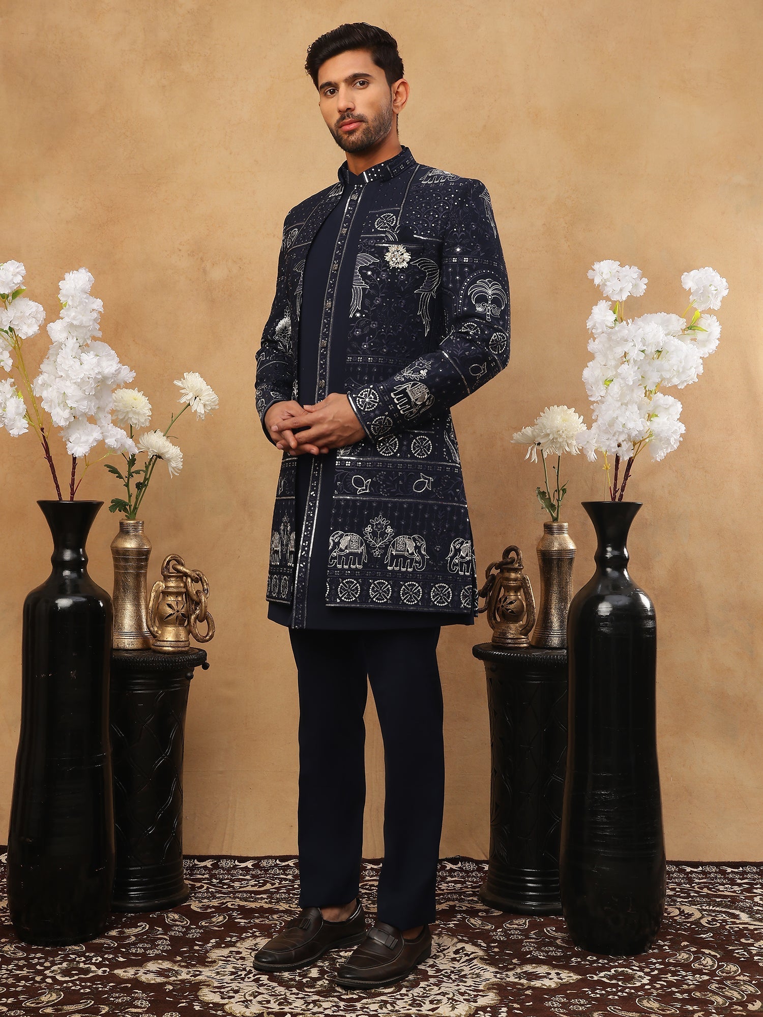 DesiQlo Men Geometric Diamond Embroidery with Red Accen - 50JIND_119Na