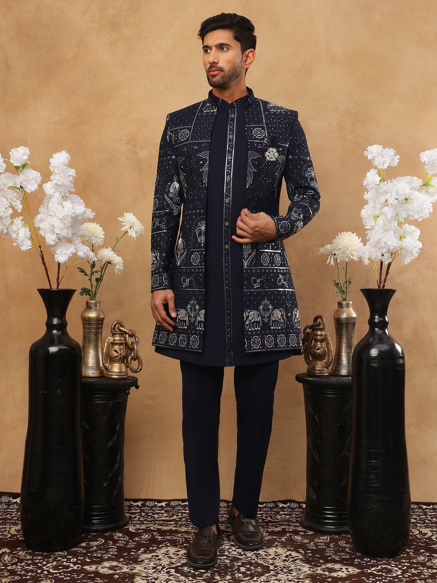 DesiQlo Men Geometric Diamond Embroidery with Red Accen - 50JIND_119Na