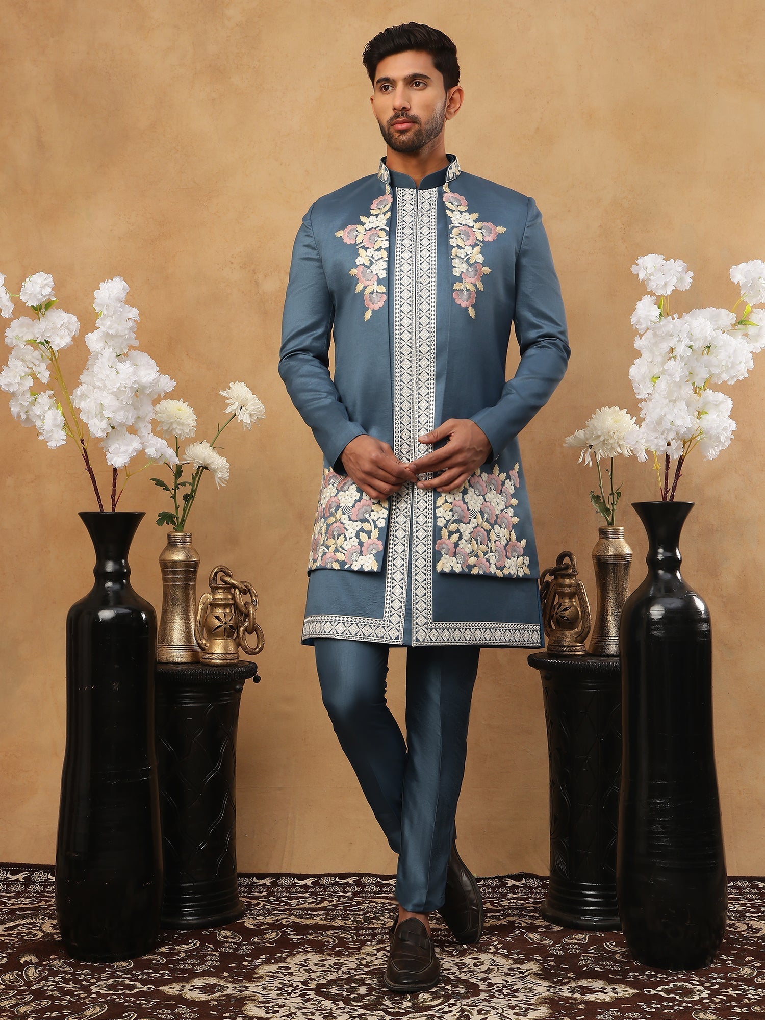 DesiQlo Men Geometric Diamond Embroidery Indo Western Set - Blue