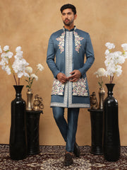 Men's Royal Blue Geometric Embroidered Indo-Western Set ( 50JIND 123 Blue )