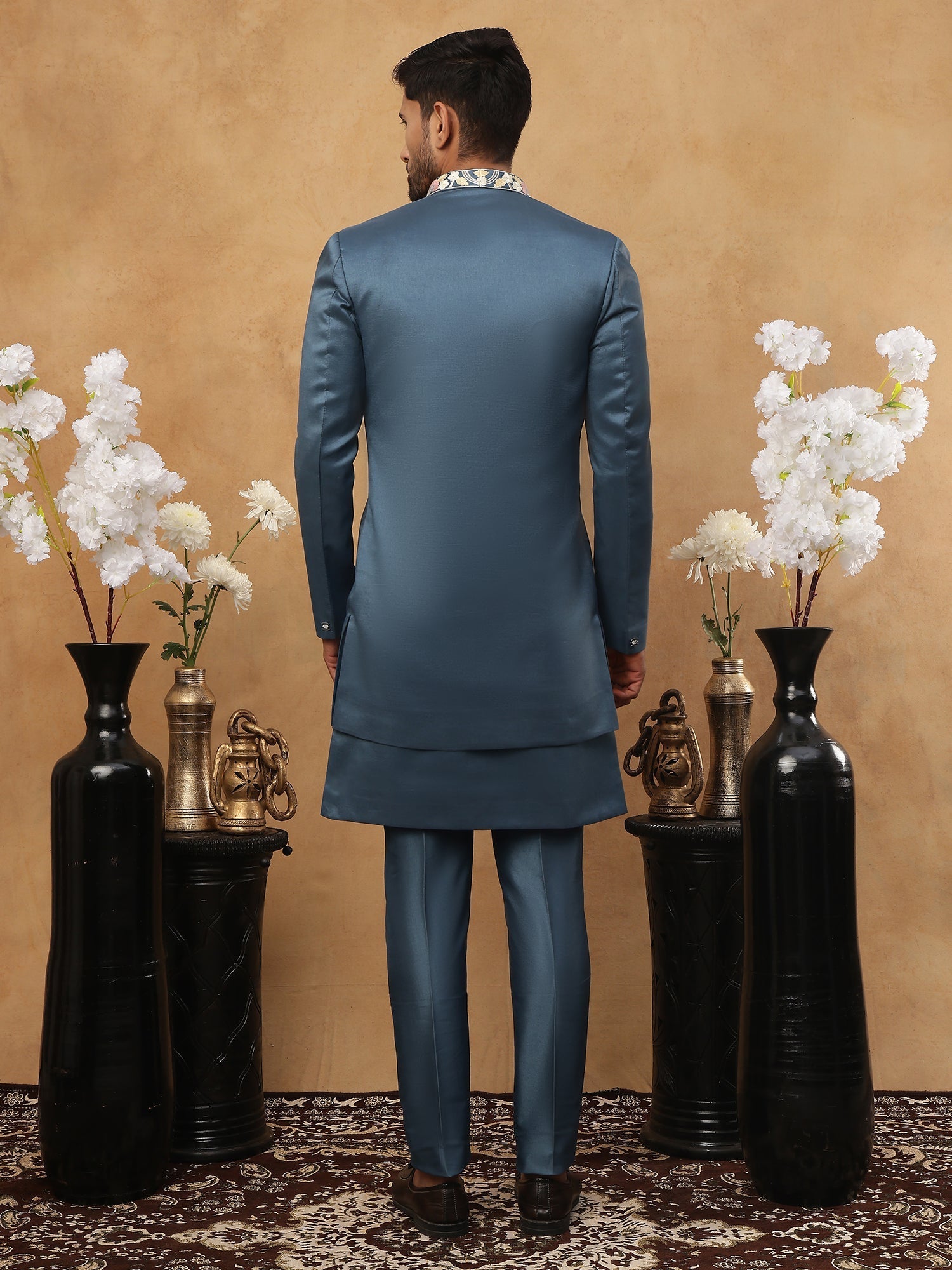 DesiQlo Men Geometric Diamond Embroidery Indo Western Set - Blue