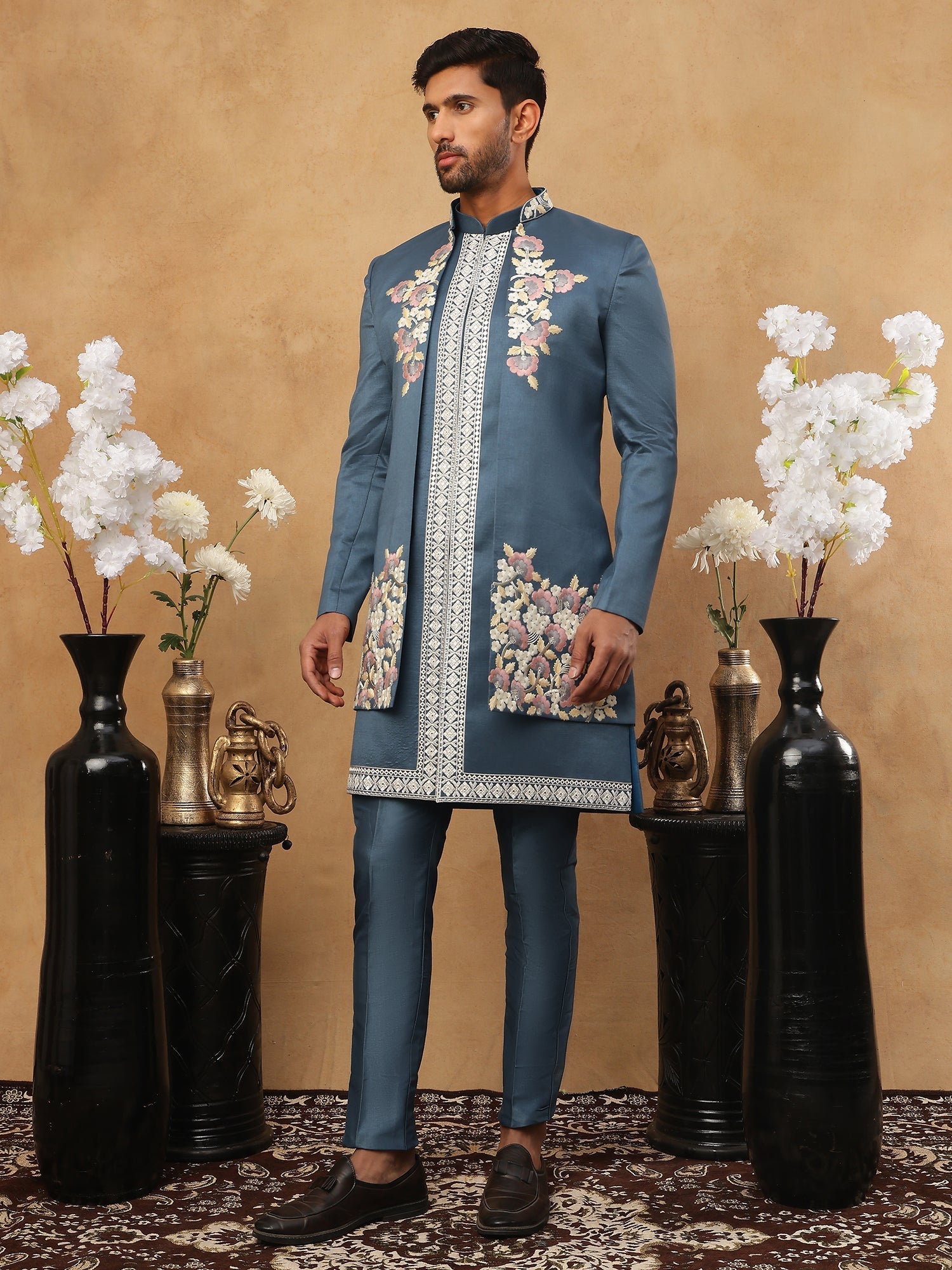 DesiQlo Men Geometric Diamond Embroidery Indo Western Set - Blue