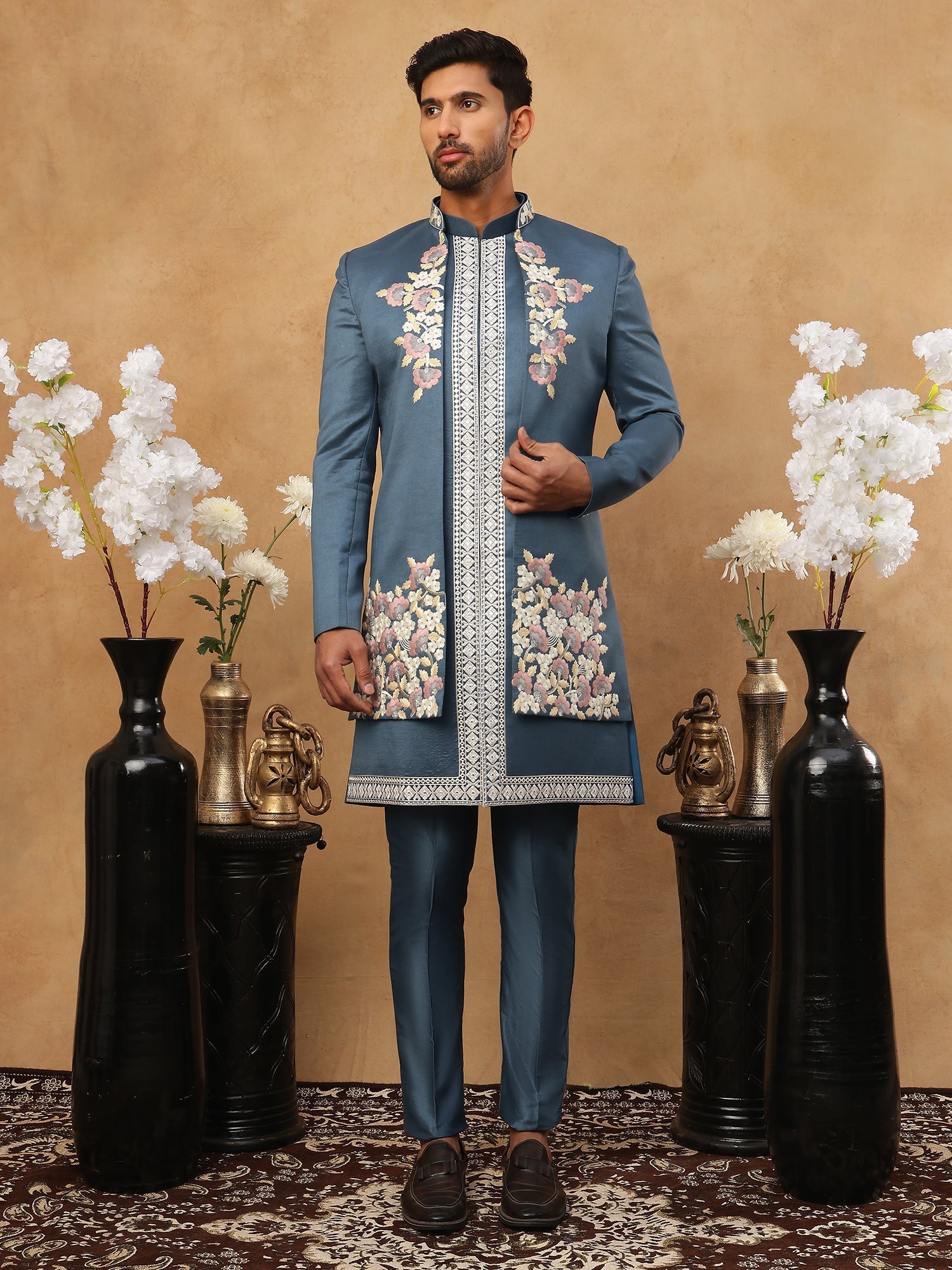 DesiQlo Men Geometric Diamond Embroidery Indo Western Set - Blue
